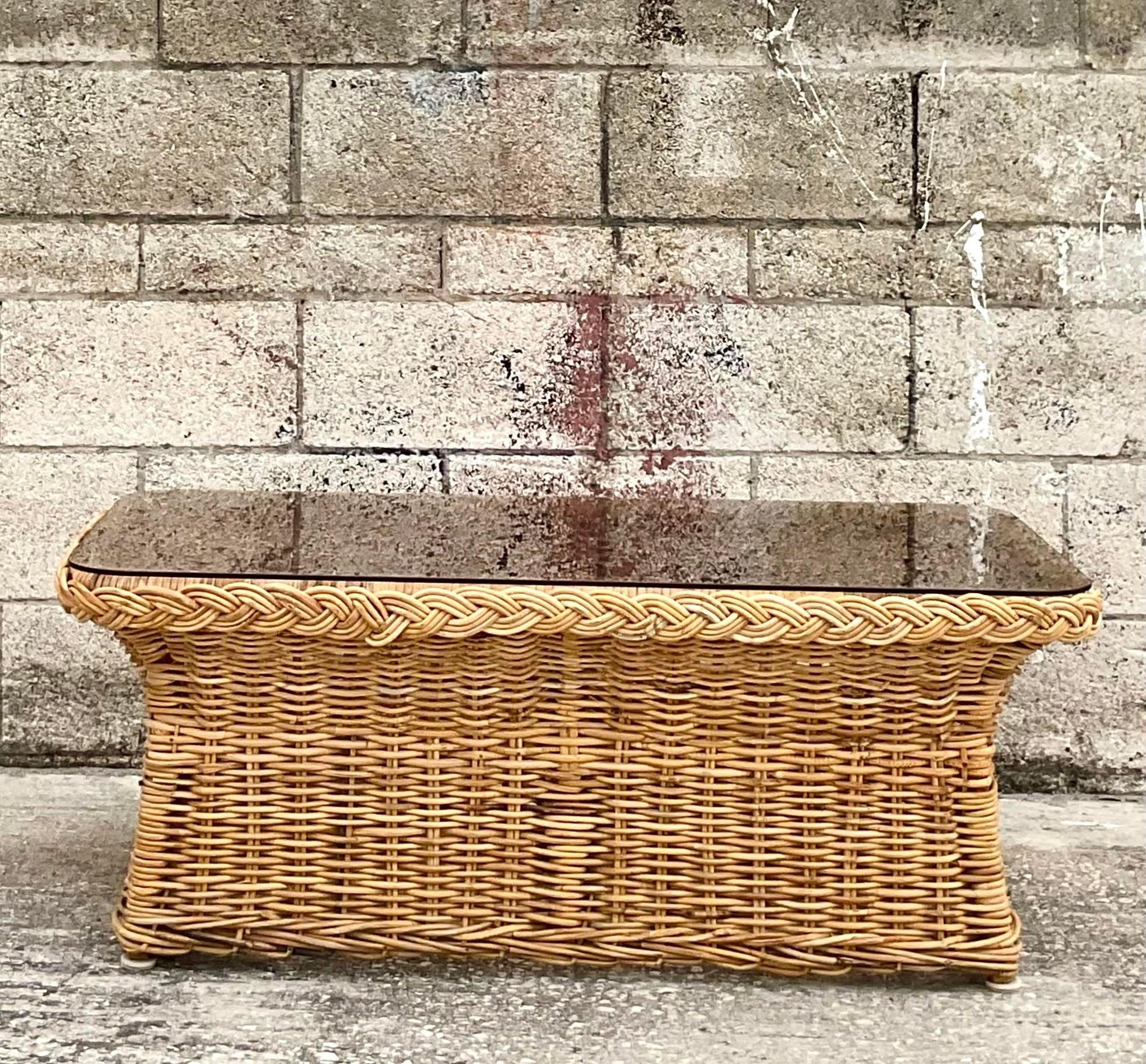 Vintage Coastal Braided Rattan Coffee Table In Good Condition For Sale In west palm beach, FL