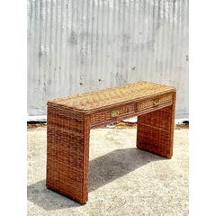 Vintage Coastal Braided Rattan Console Table