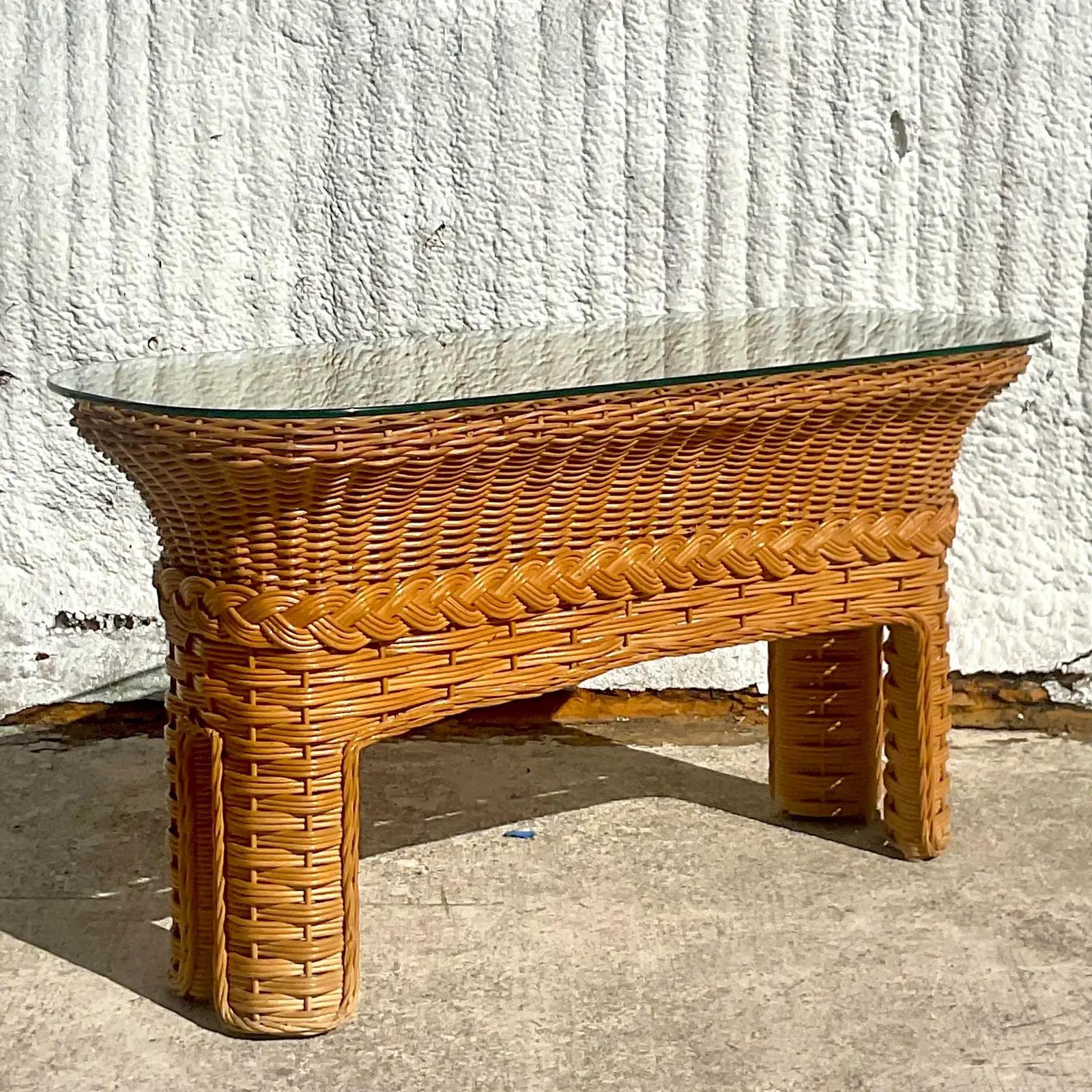 Philippine Vintage Coastal Braided Rattan Console Table For Sale