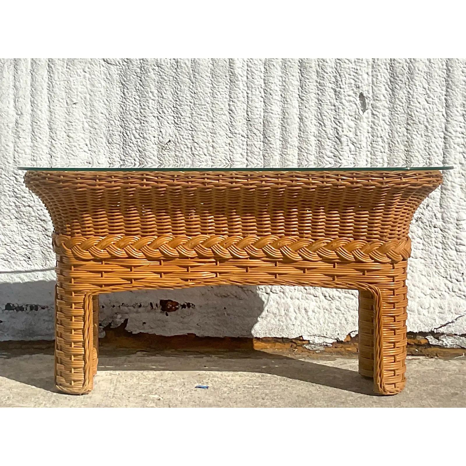 Vintage Coastal Braided Rattan Console Table In Good Condition For Sale In west palm beach, FL