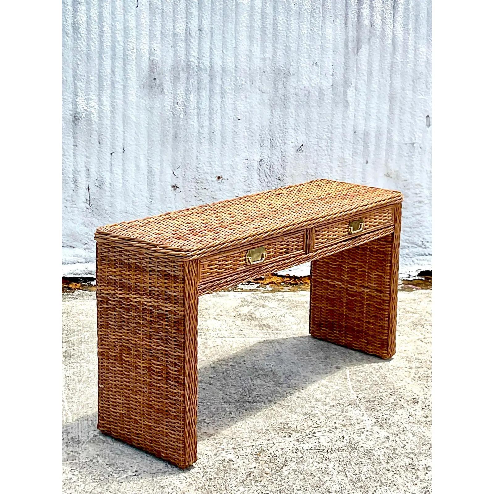 Campaign Vintage Coastal Braided Rattan Console Table