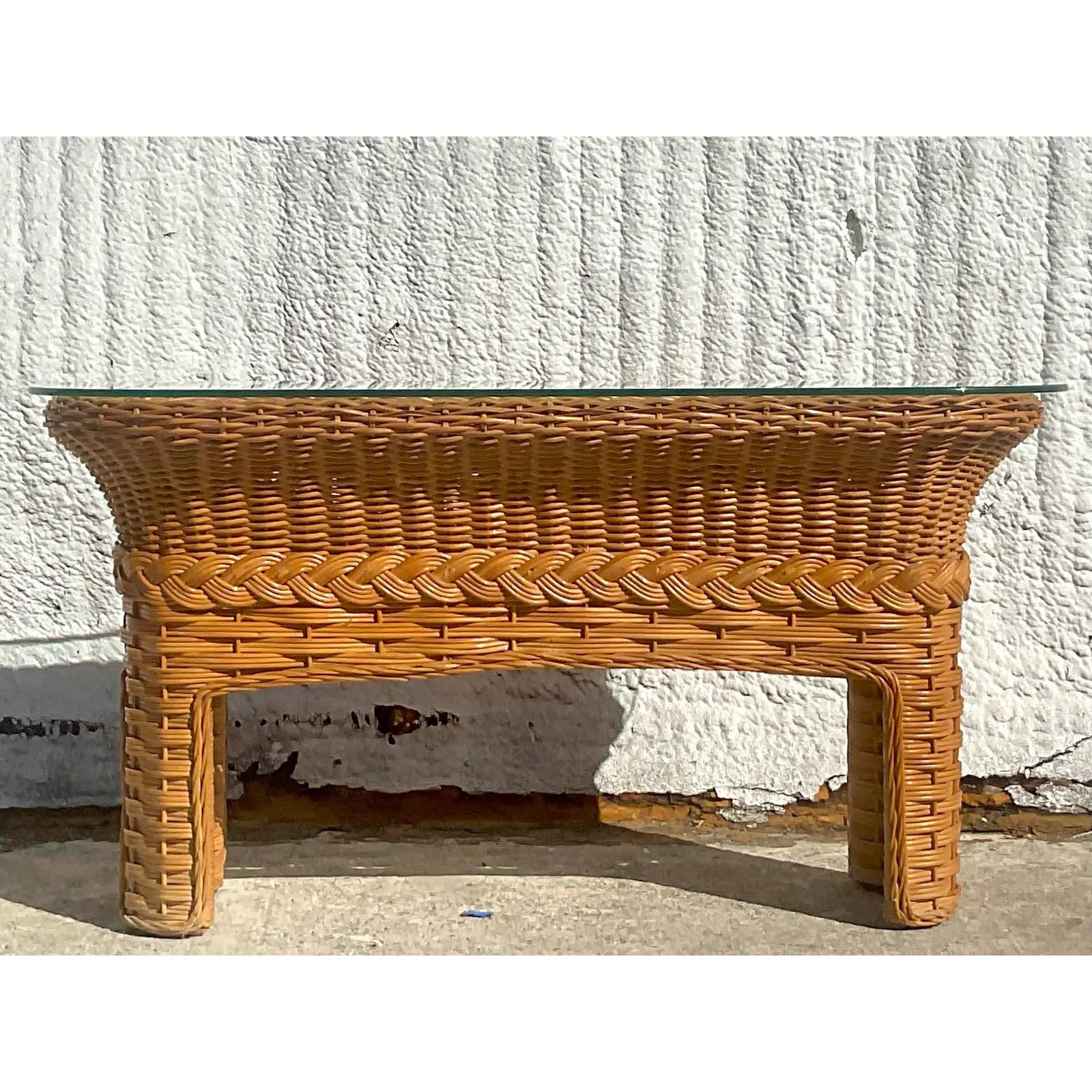 20th Century Vintage Coastal Braided Rattan Console Table For Sale