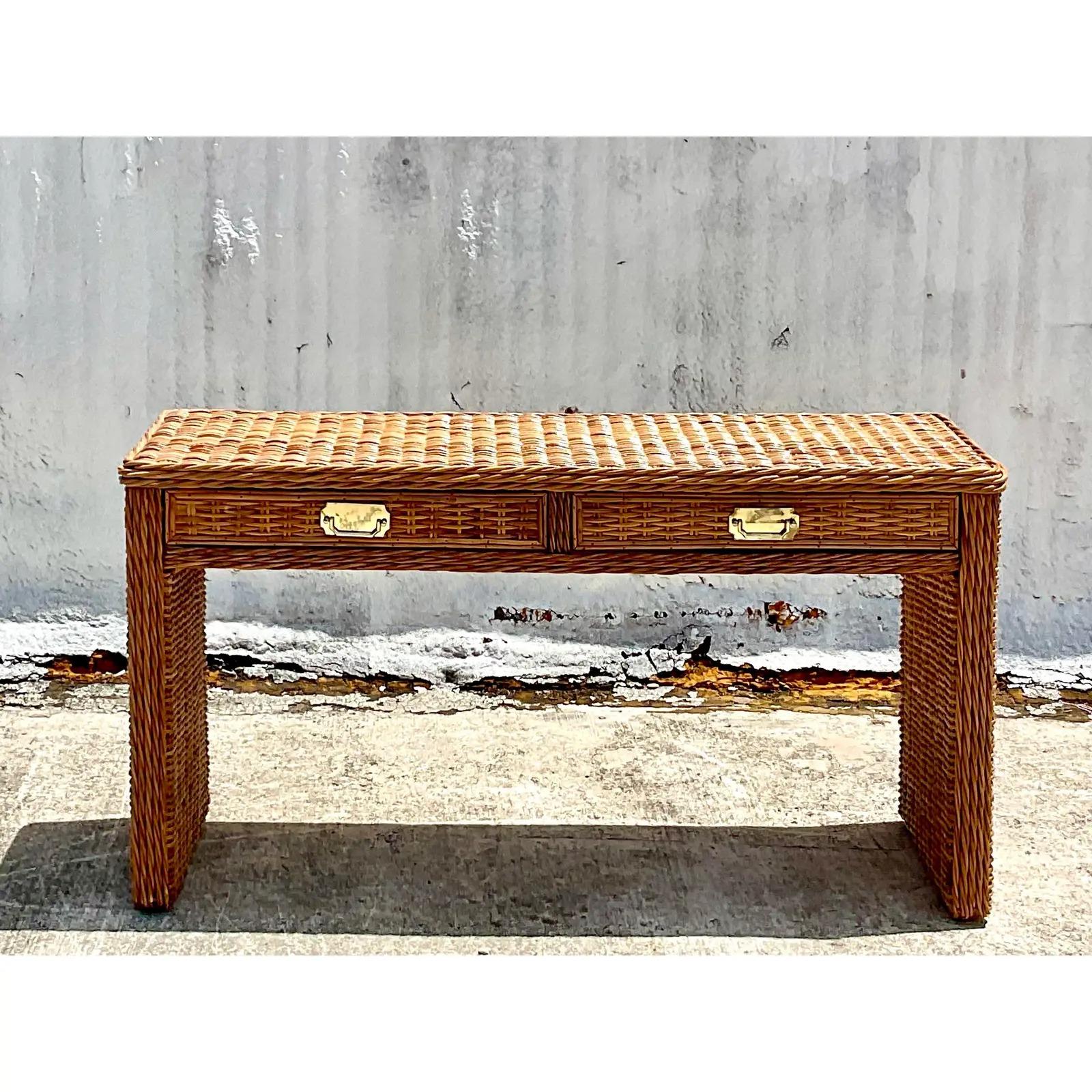 Philippine Vintage Coastal Braided Rattan Console Table