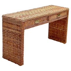 Vintage Coastal Braided Rattan Console Table