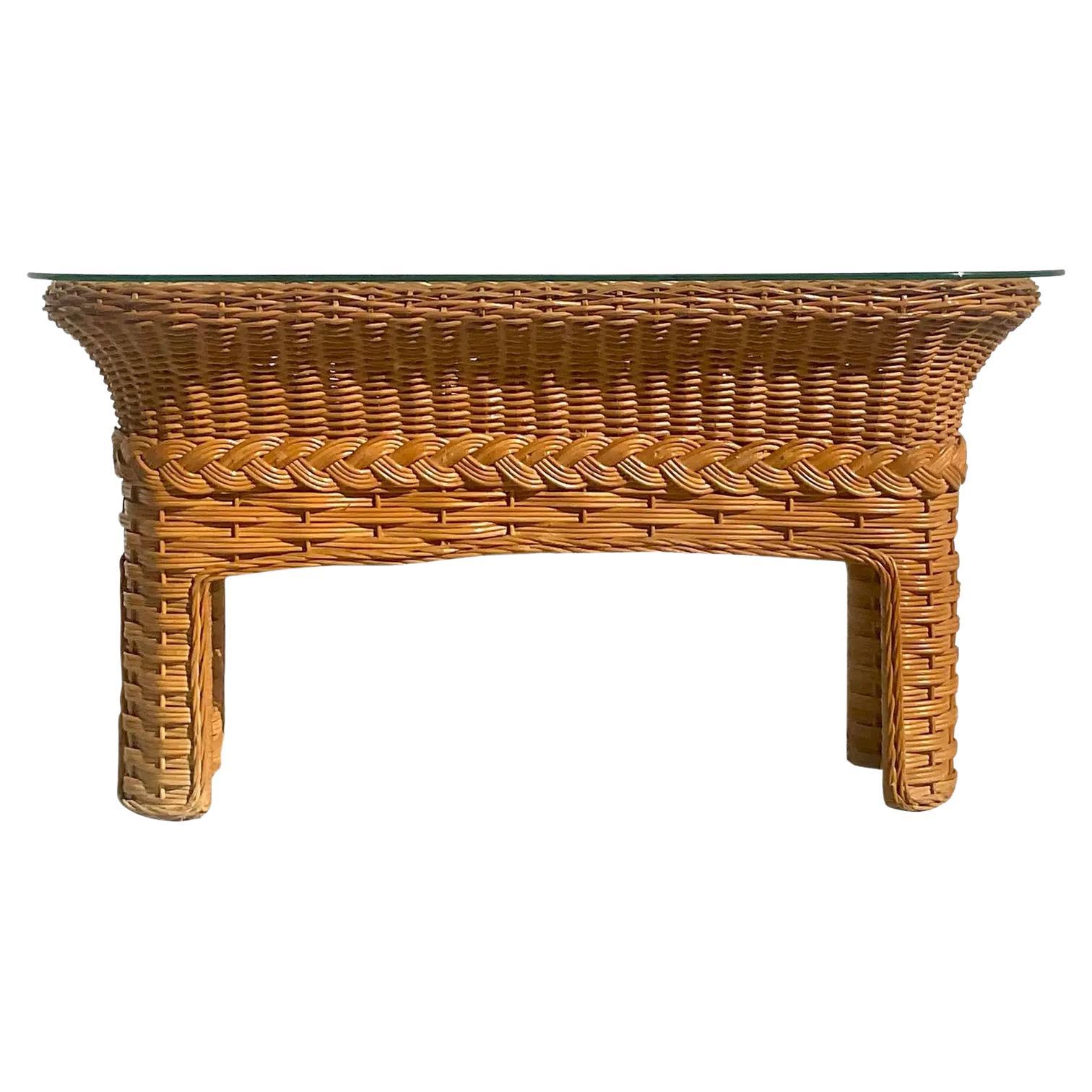 Vintage Coastal Braided Rattan Console Table For Sale
