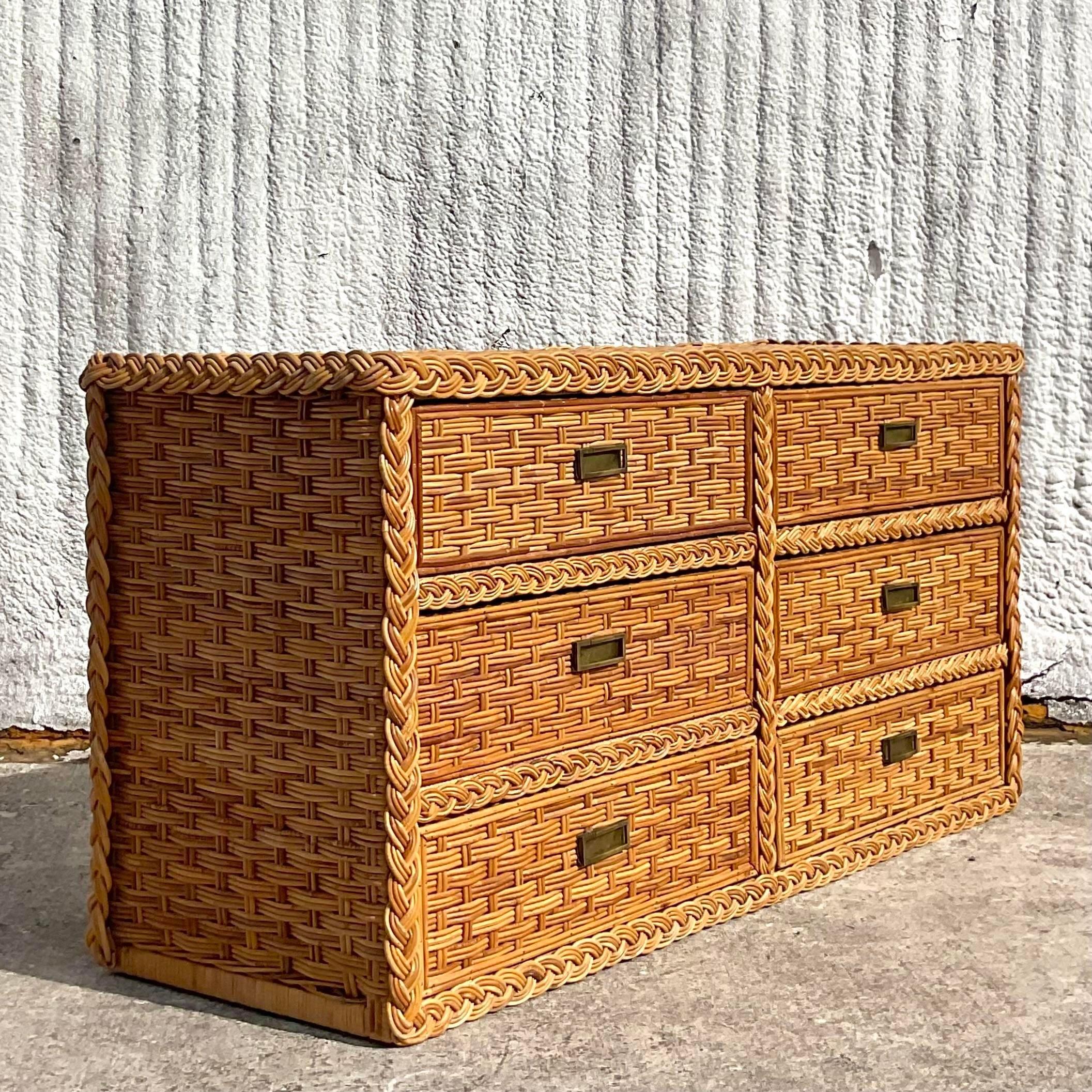 20th Century Vintage Coastal Braided Rattan Dresser