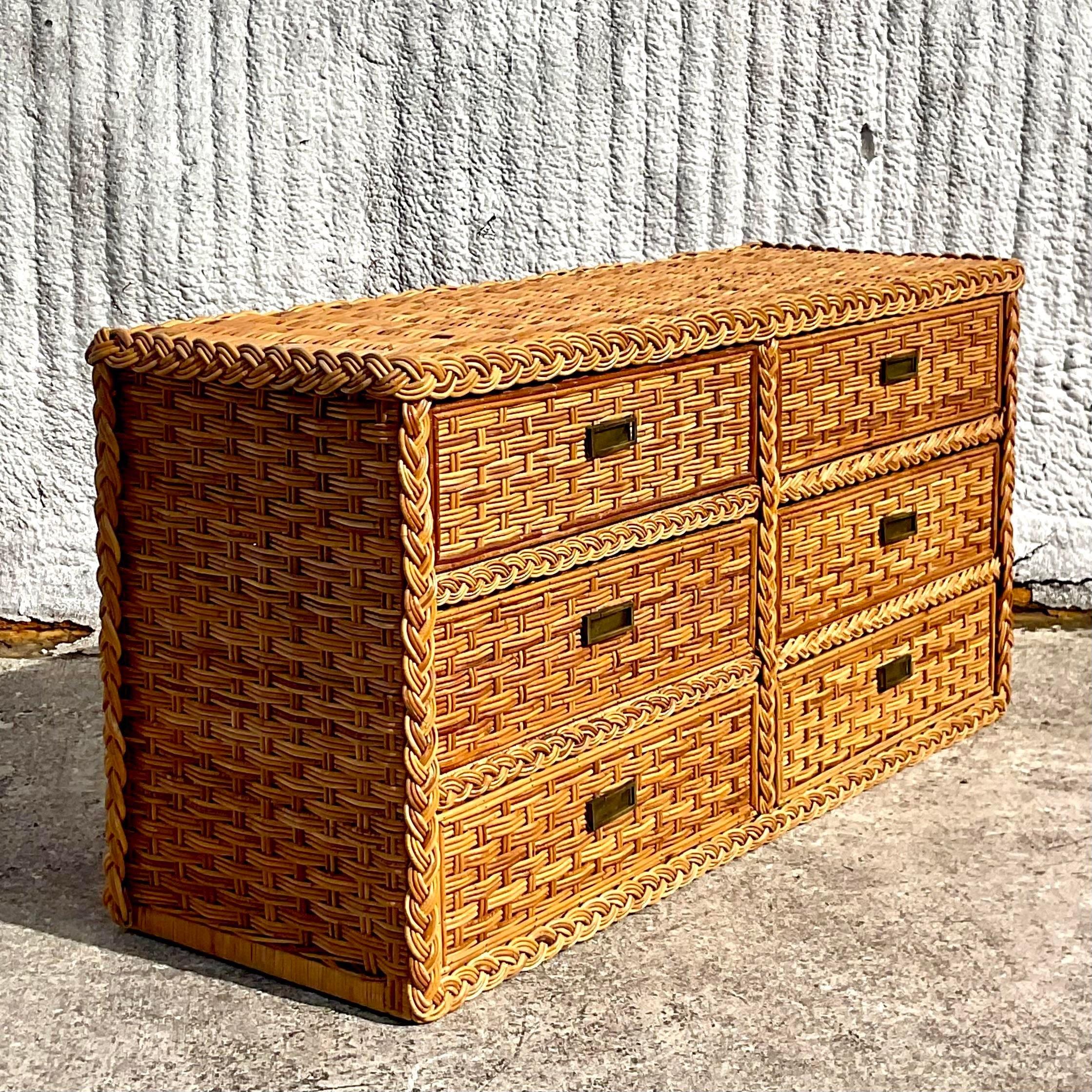 Brass Vintage Coastal Braided Rattan Dresser