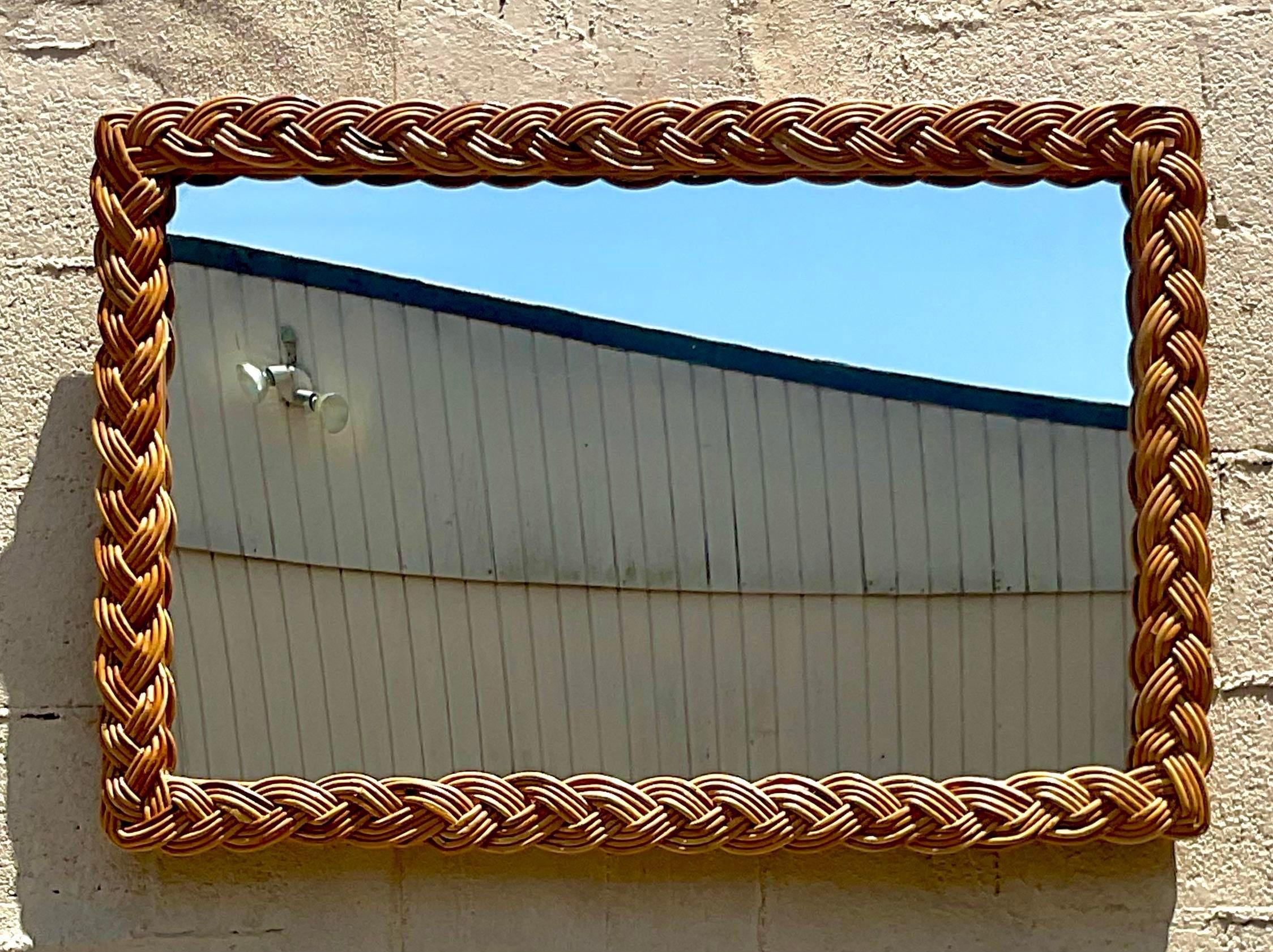 Vintage Coastal Braided Rattan Horizontal Mirror For Sale at 1stDibs
