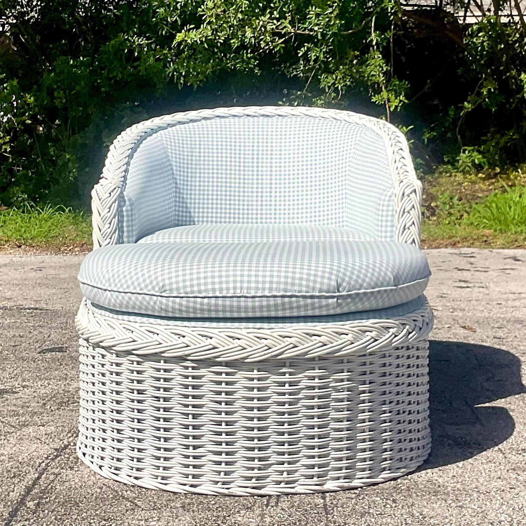 Philippine Vintage Coastal Braided Rattan Lounge Chair and Ottoman For Sale
