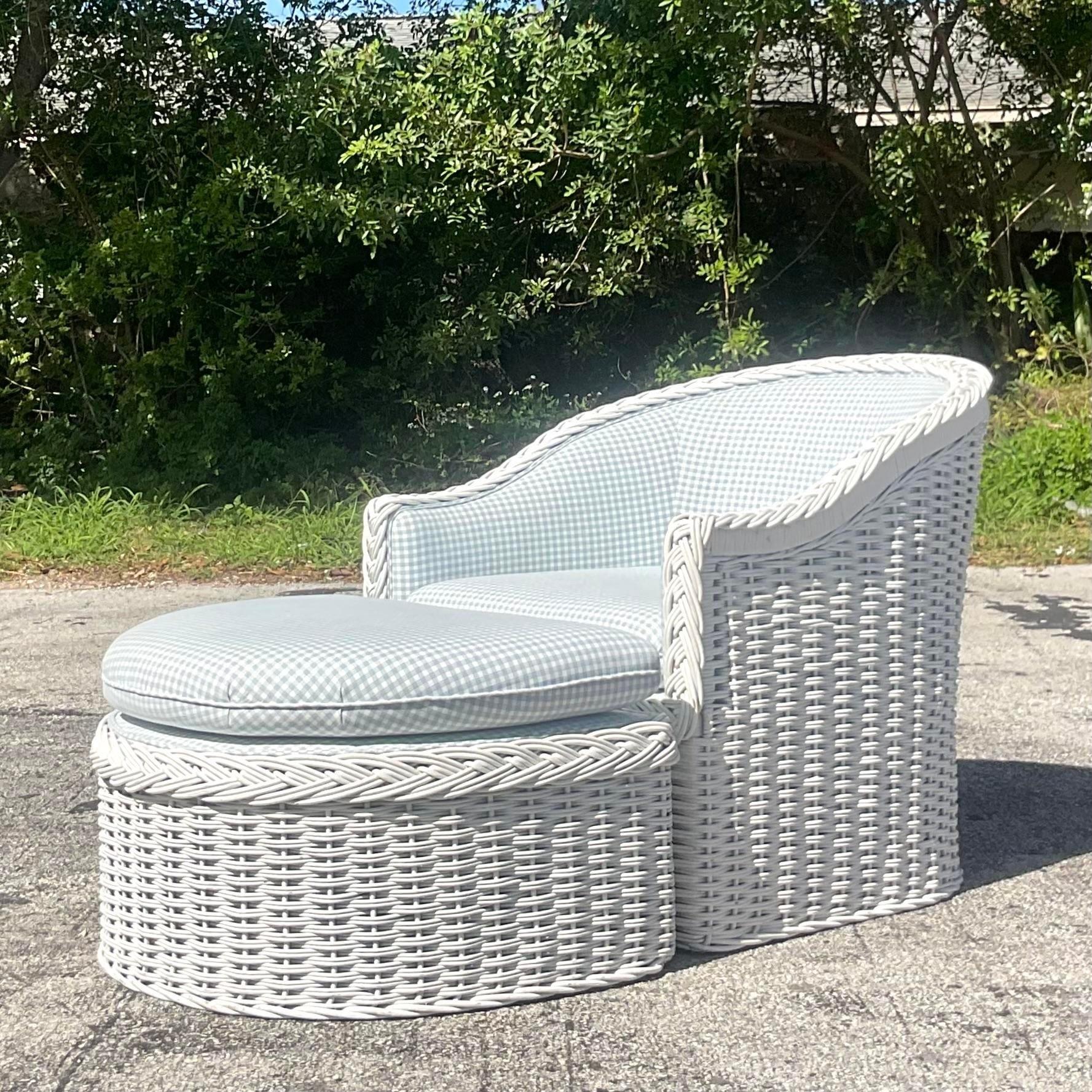 Vintage Coastal Braided Rattan Lounge Chair and Ottoman In Good Condition For Sale In west palm beach, FL