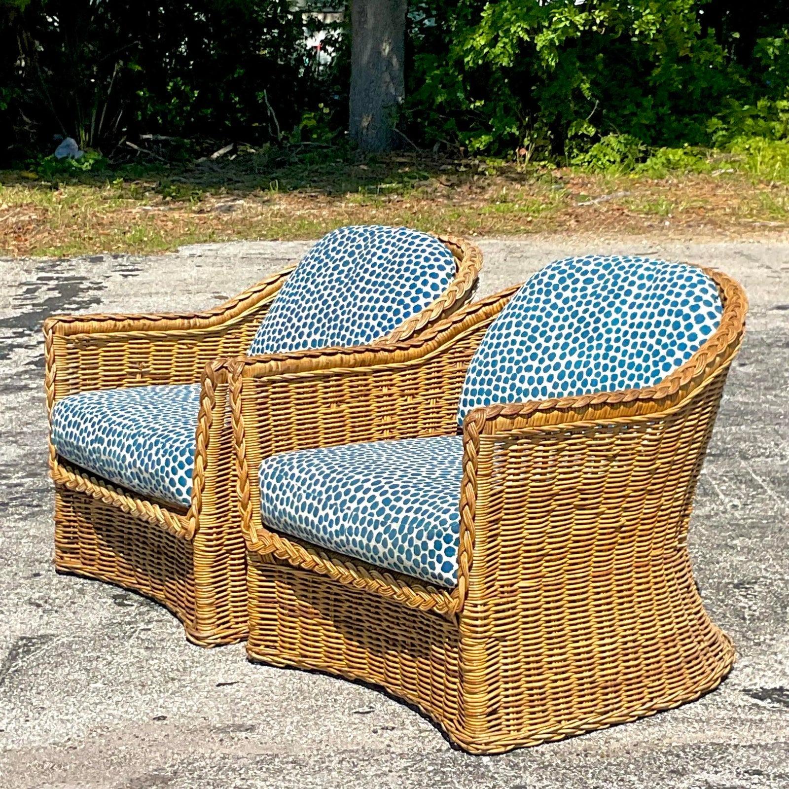 Philippine Vintage Coastal Braided Rattan Lounge Chairs - a Pair