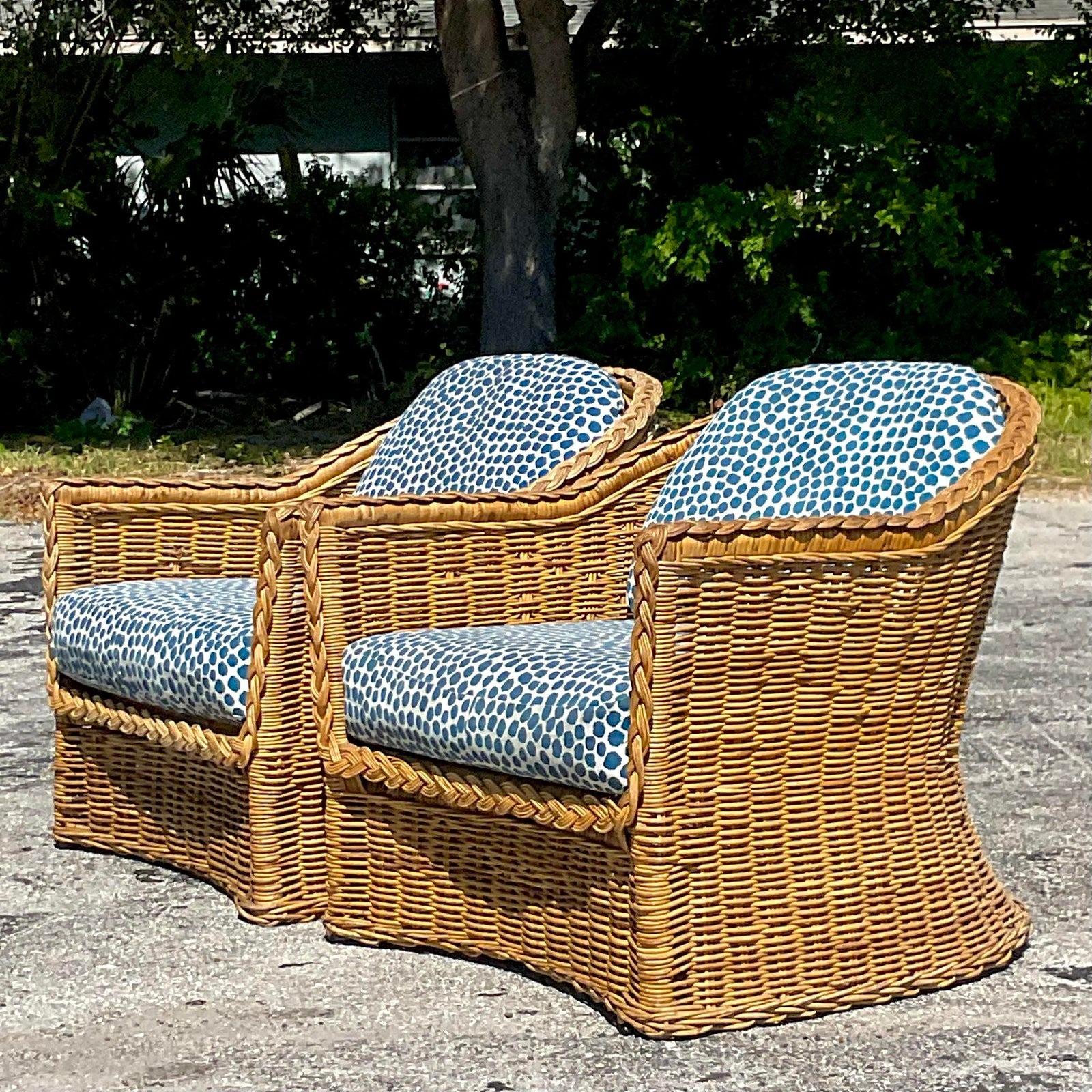 Vintage Coastal Braided Rattan Lounge Chairs - a Pair In Good Condition In west palm beach, FL