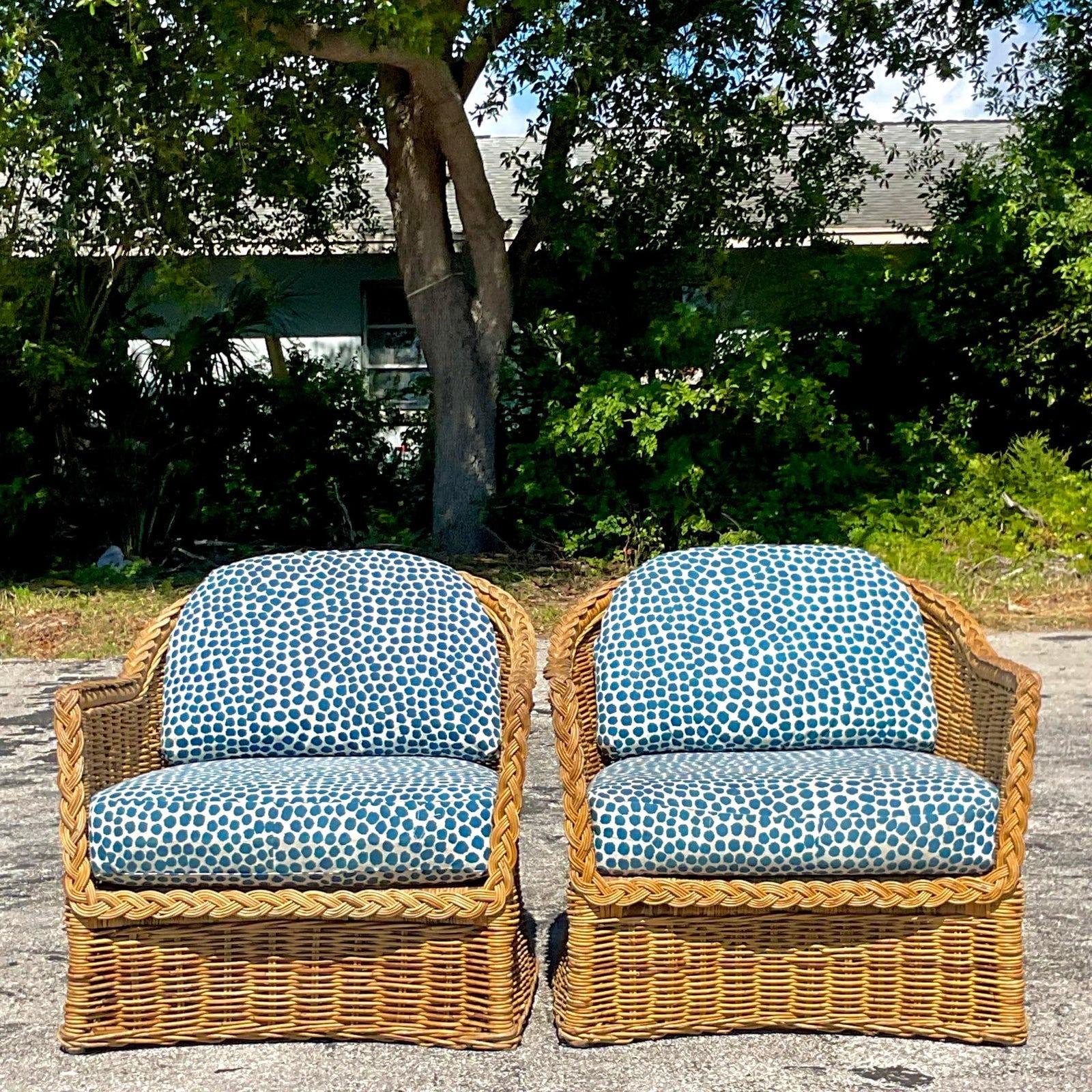 20th Century Vintage Coastal Braided Rattan Lounge Chairs - a Pair