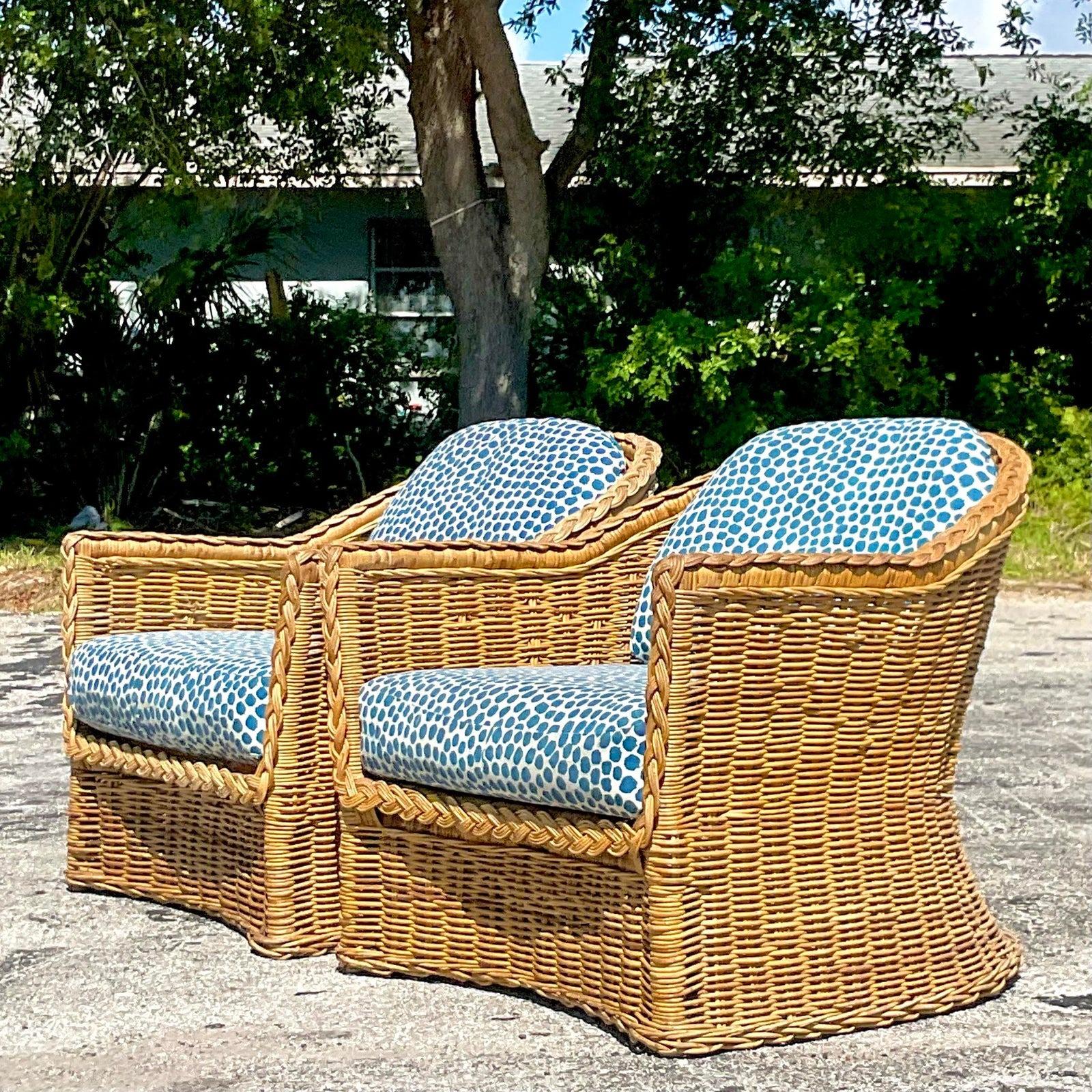 Upholstery Vintage Coastal Braided Rattan Lounge Chairs - a Pair