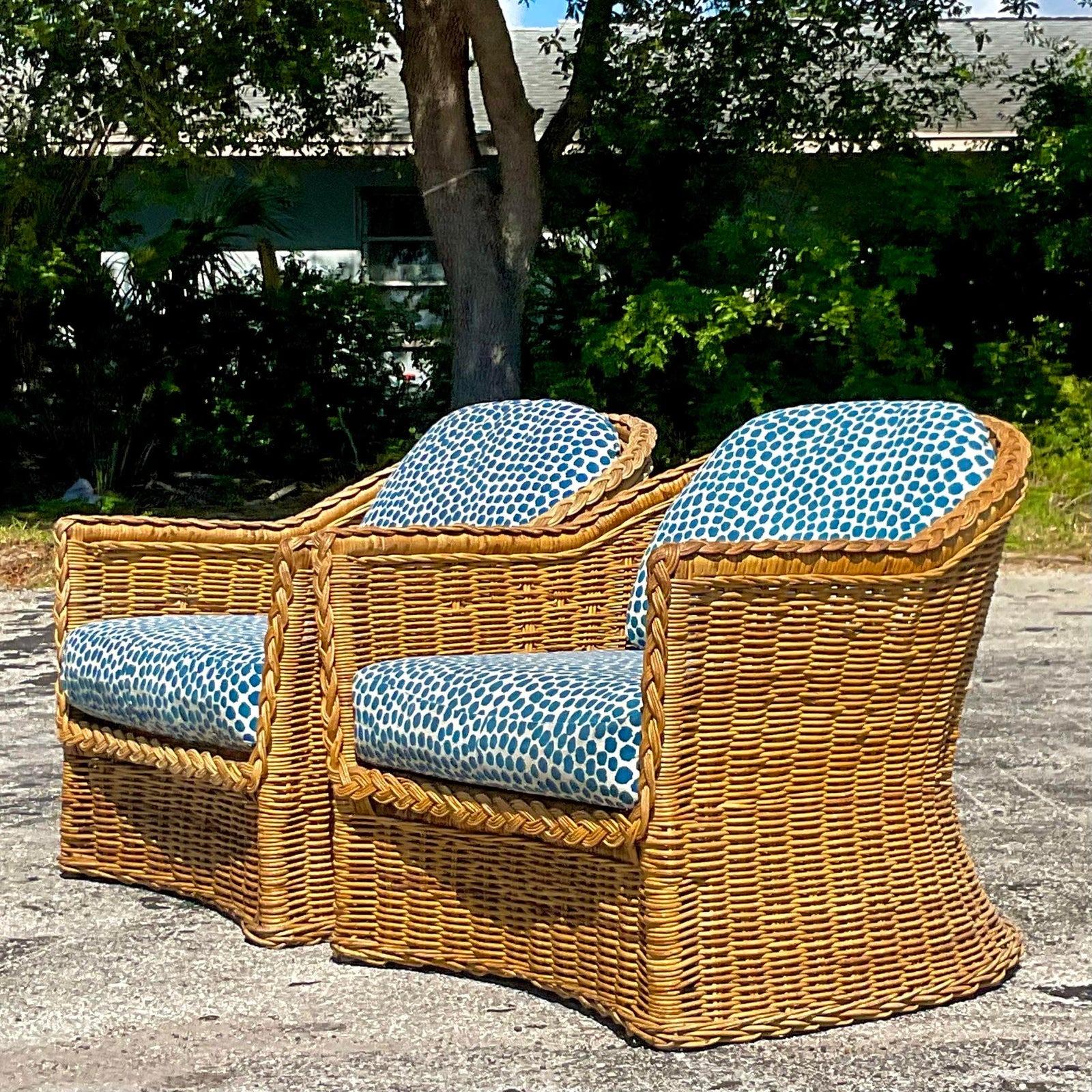 Vintage Coastal Braided Rattan Lounge Chairs - a Pair 1