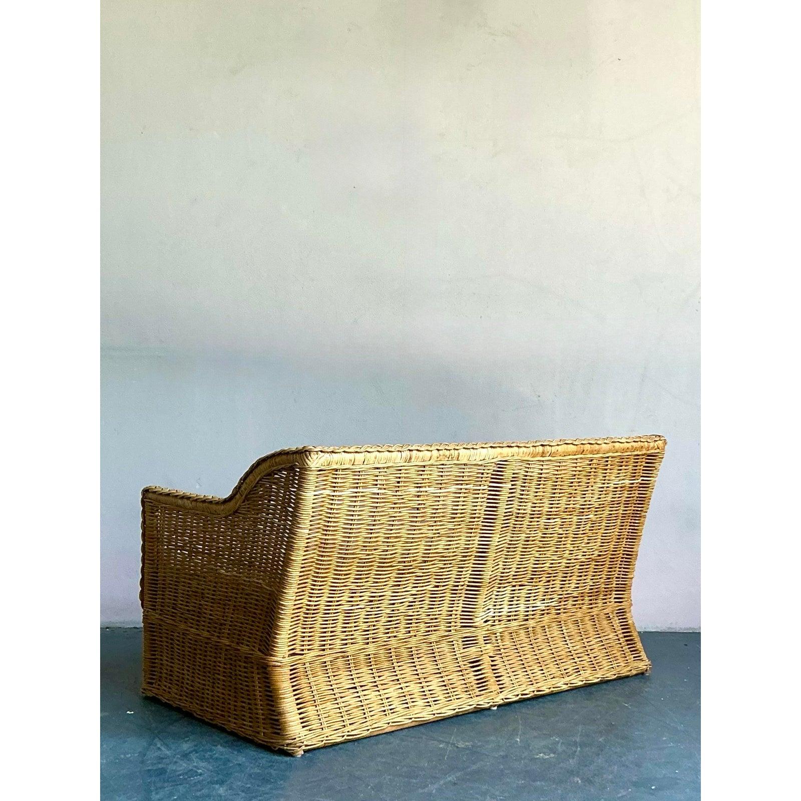 Organic Modern Vintage Coastal Braided Rattan Loveseat For Sale