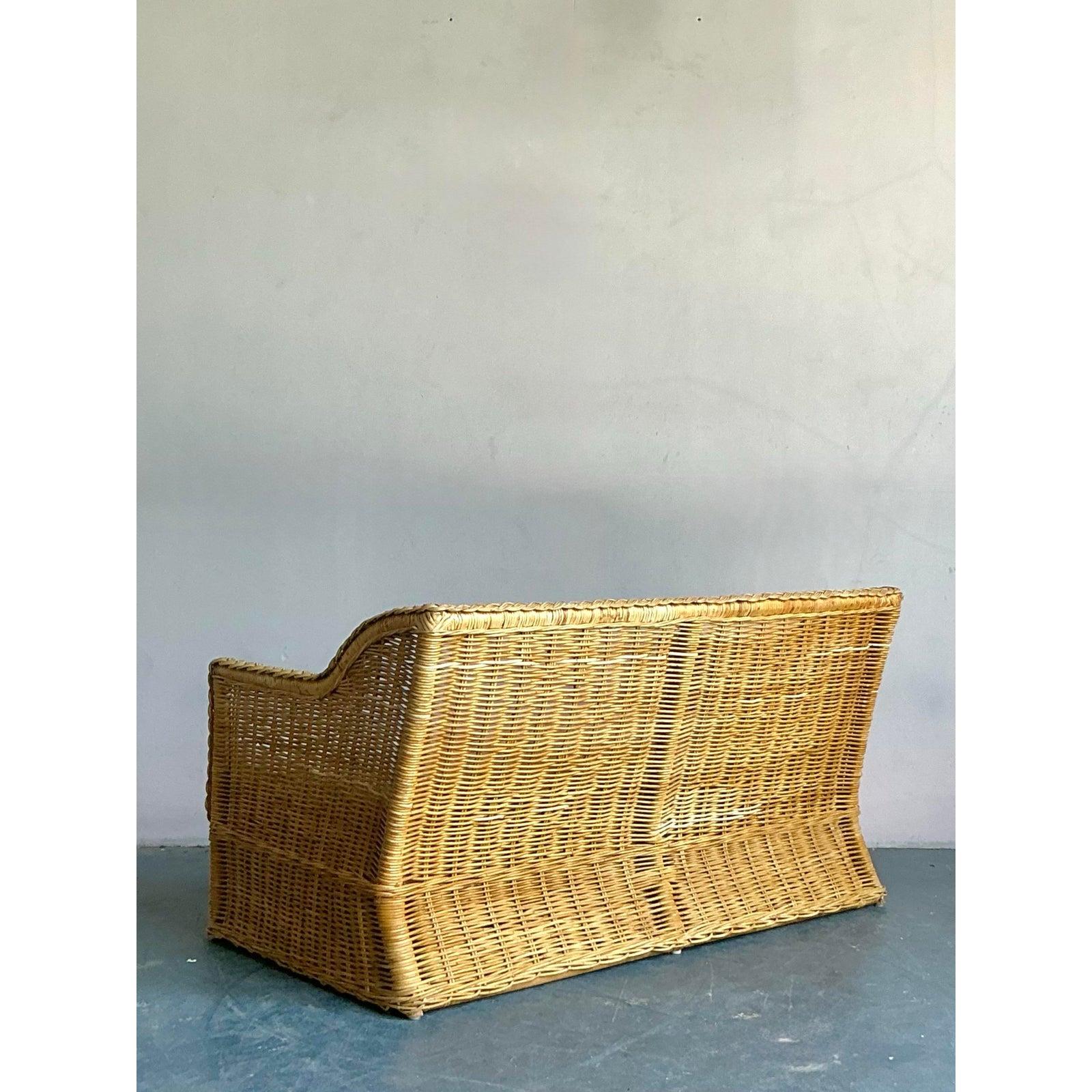 20th Century Vintage Coastal Braided Rattan Loveseat For Sale