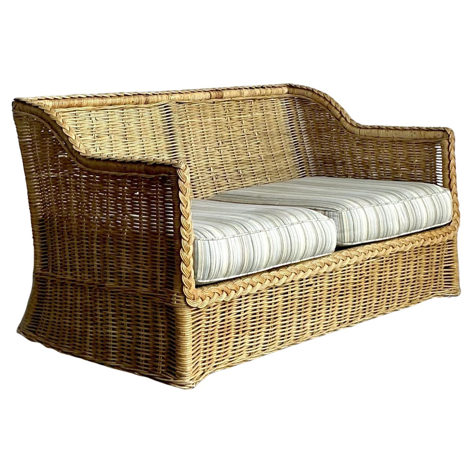 Vintage Coastal Braided Rattan Loveseat For Sale