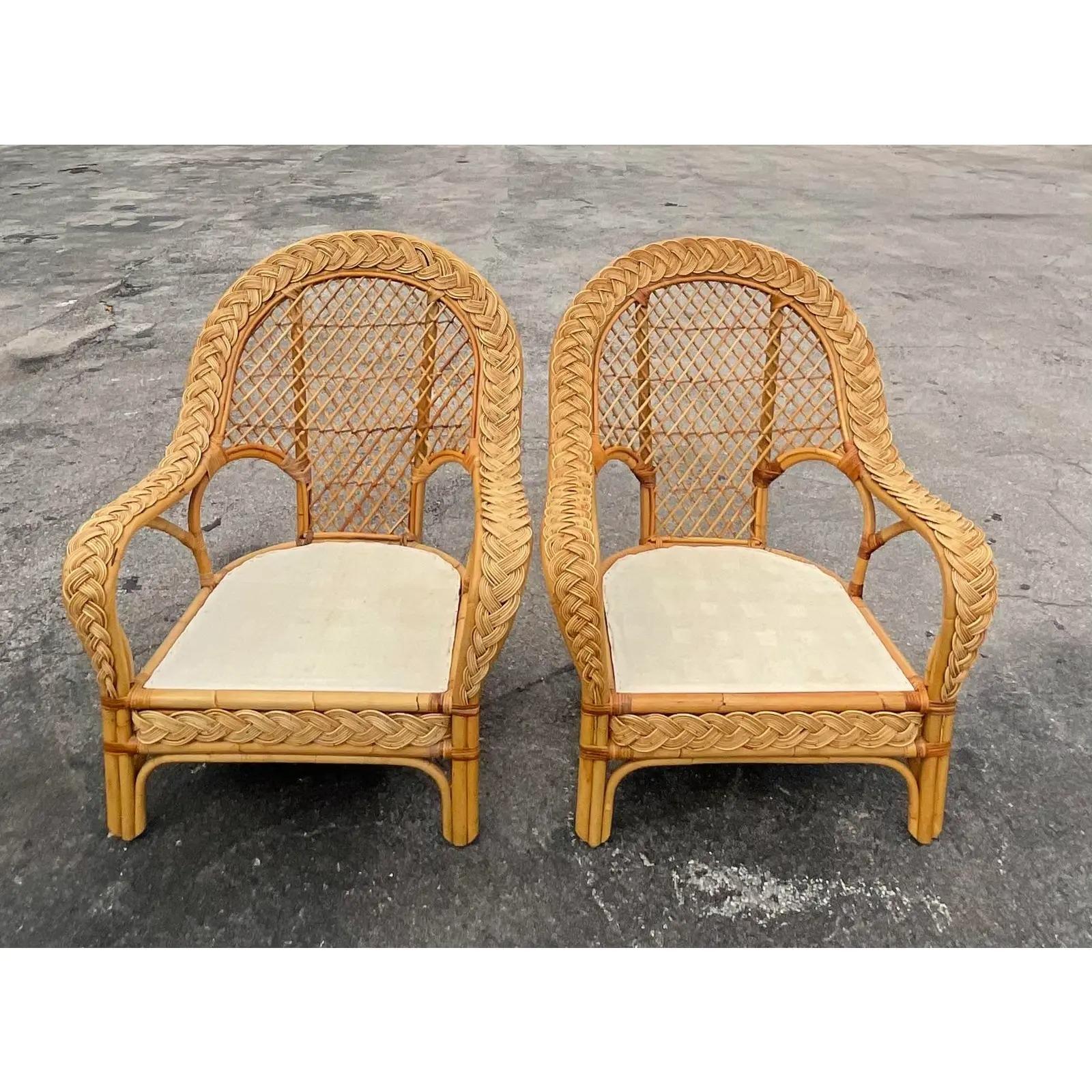 Philippine Vintage Coastal Braided Rattan Paddle Back Lounge Chairs - a Pair
