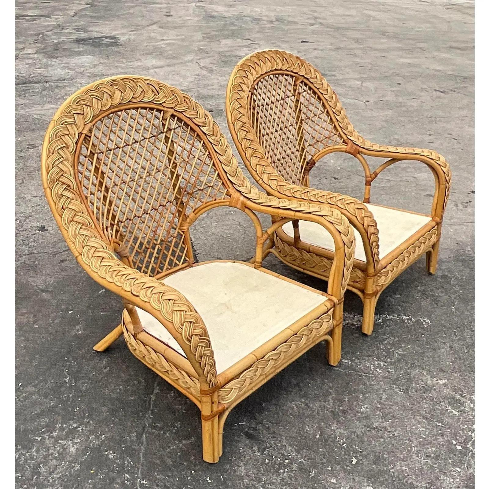 Vintage Coastal Braided Rattan Paddle Back Lounge Chairs - a Pair In Good Condition In west palm beach, FL