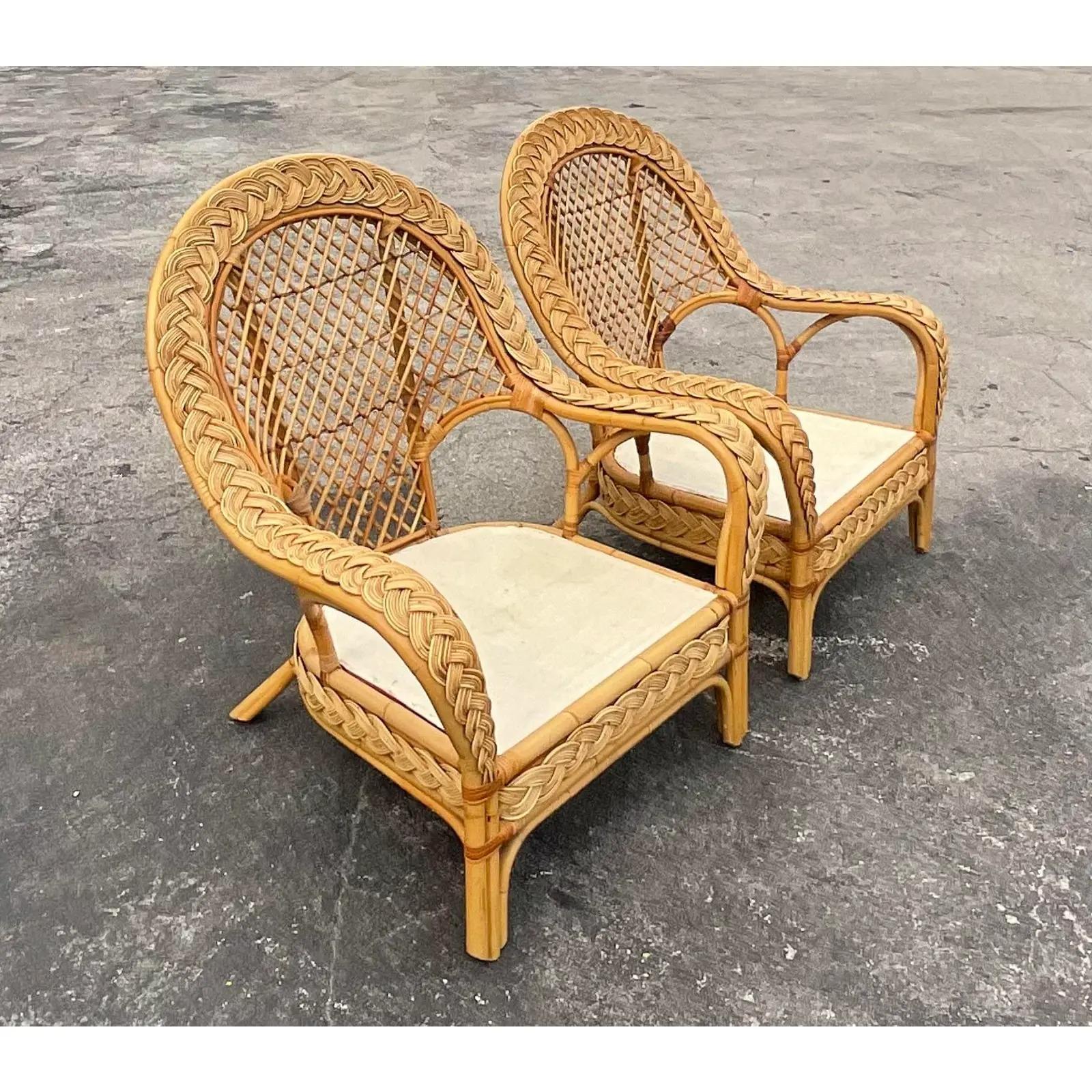 Vintage Coastal Braided Rattan Paddle Back Lounge Chairs - a Pair 1