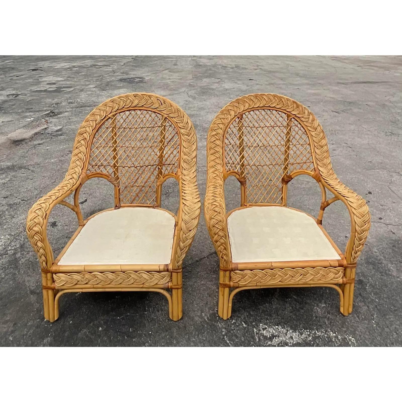 Vintage Coastal Braided Rattan Paddle Back Lounge Chairs - a Pair 2