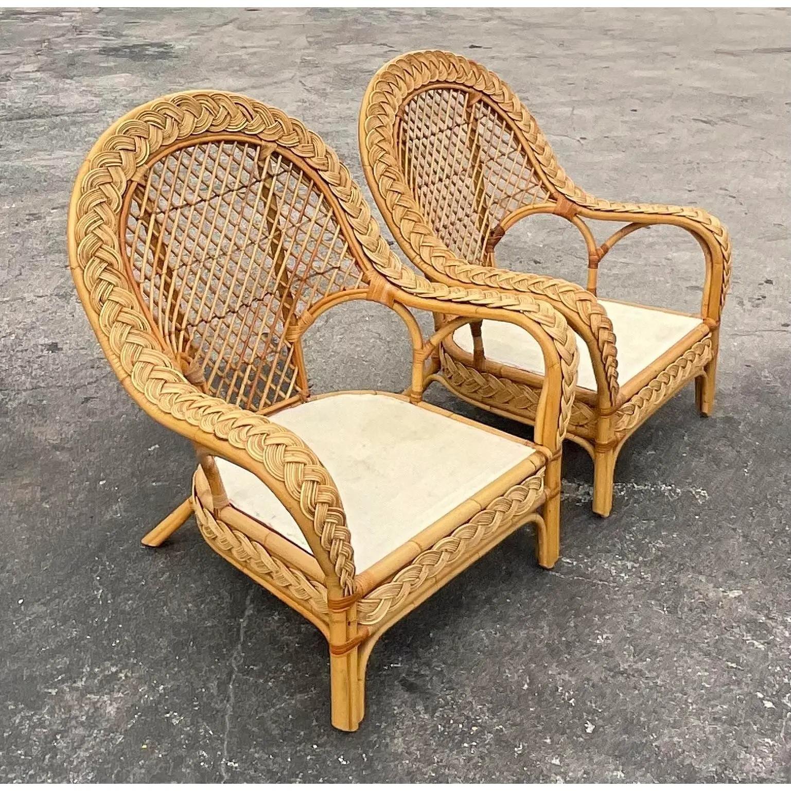 Vintage Coastal Braided Rattan Paddle Back Lounge Chairs - a Pair 3