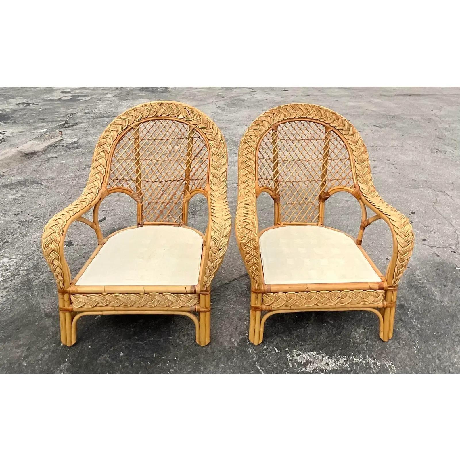 Vintage Coastal Braided Rattan Paddle Back Lounge Chairs - a Pair 4