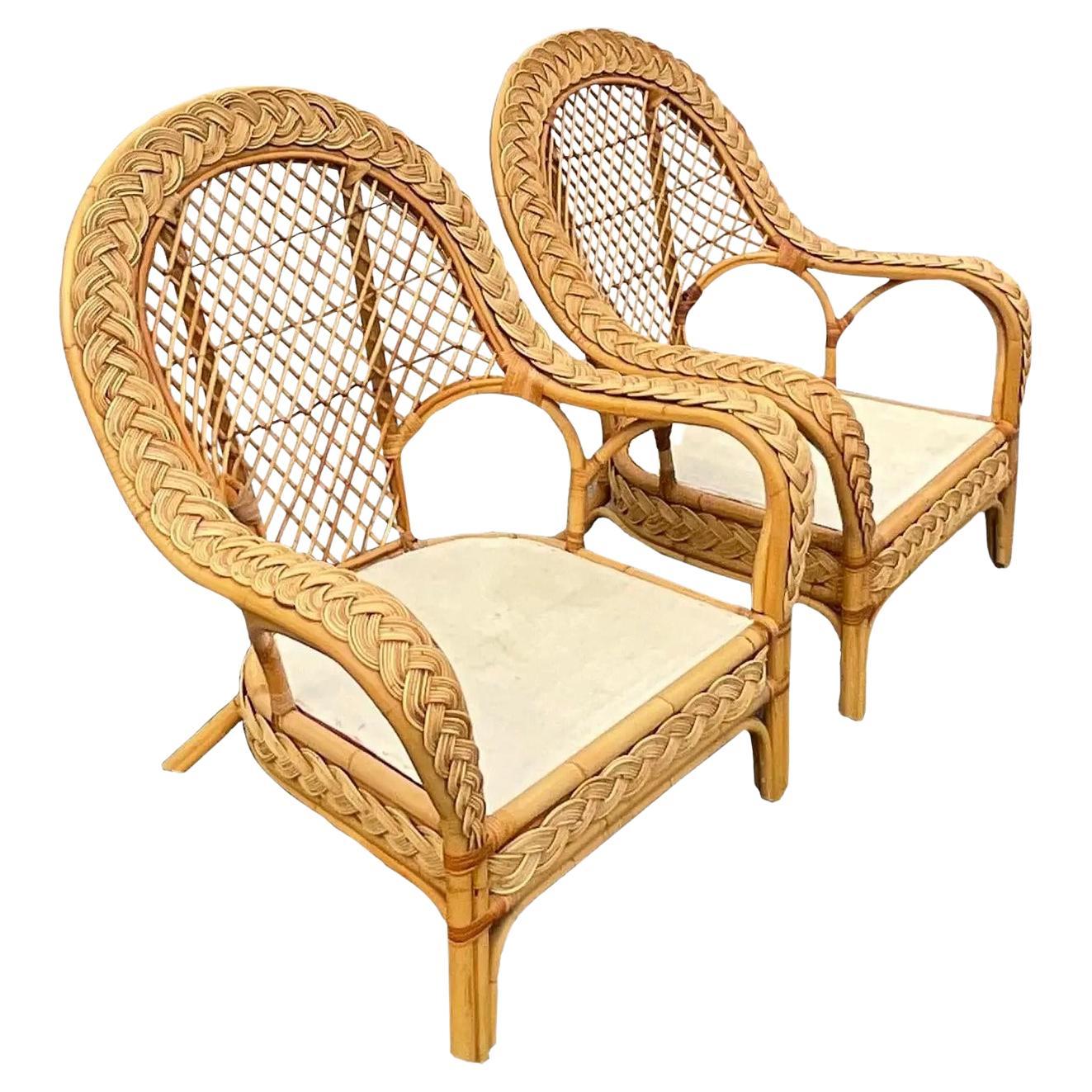 Vintage Coastal Braided Rattan Paddle Back Lounge Chairs - a Pair
