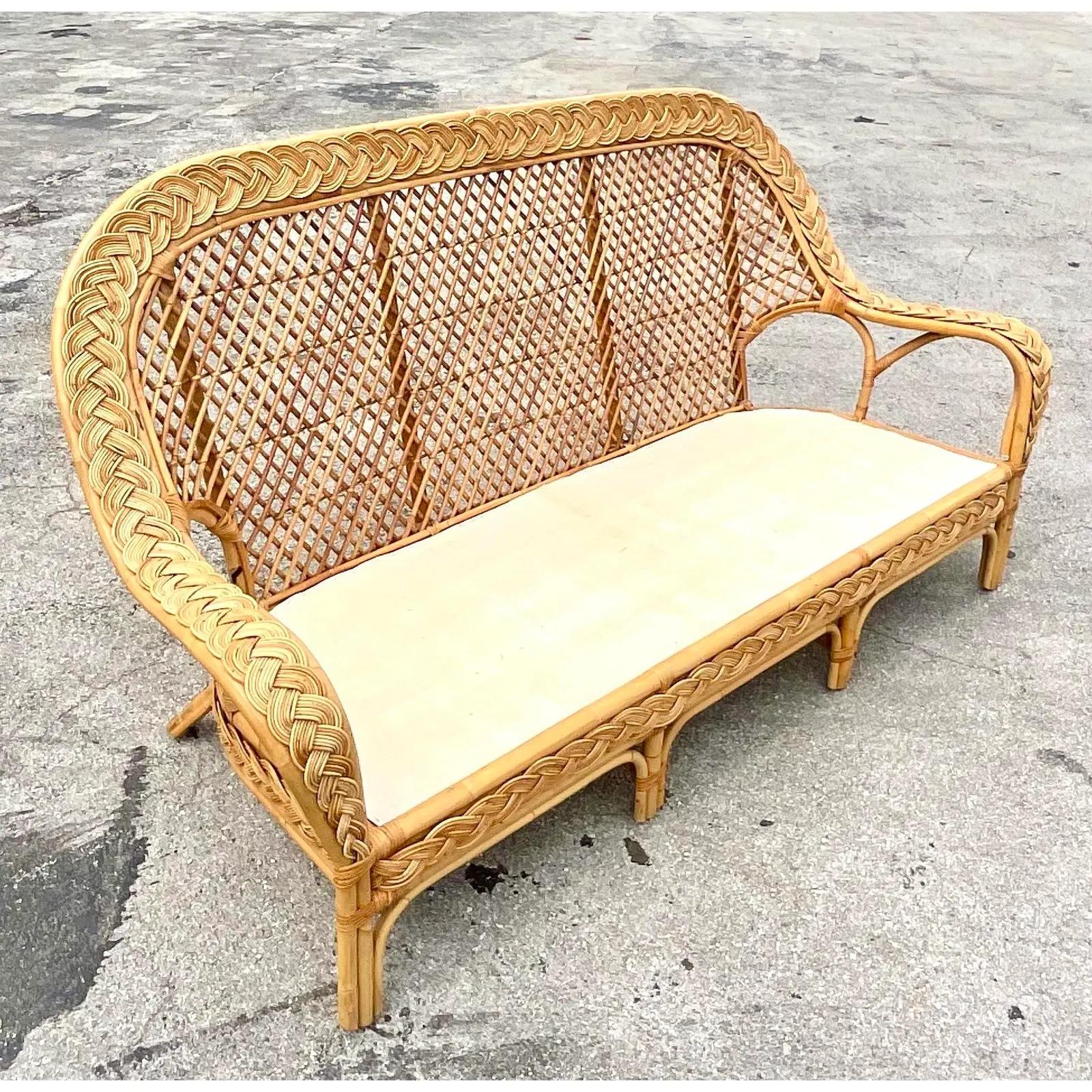 Vintage Coastal Braided Rattan Paddle Back Rattan Sofa 1