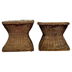Vintage Coastal Braided Rattan Side Tables - Set of 2