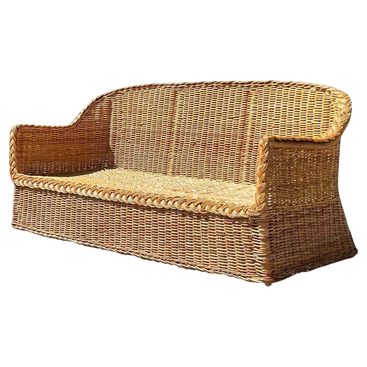 Vintage Coastal Braided Rattan Sofa After Bielecky Brothers