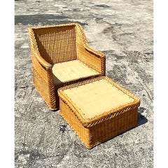 Vintage Coastal Braided Rattan Sofa, Chair and Ottoman Set