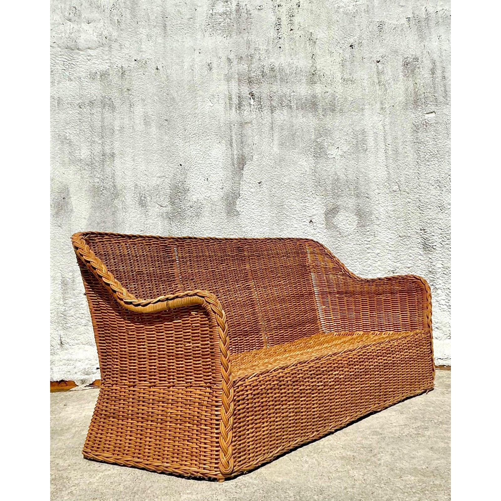 Vintage Coastal Braided Rattan Sofa For Sale 3