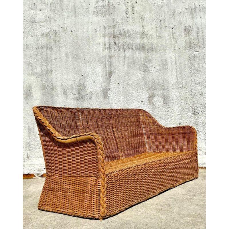 Organic Modern Vintage Coastal Braided Rattan Sofa For Sale