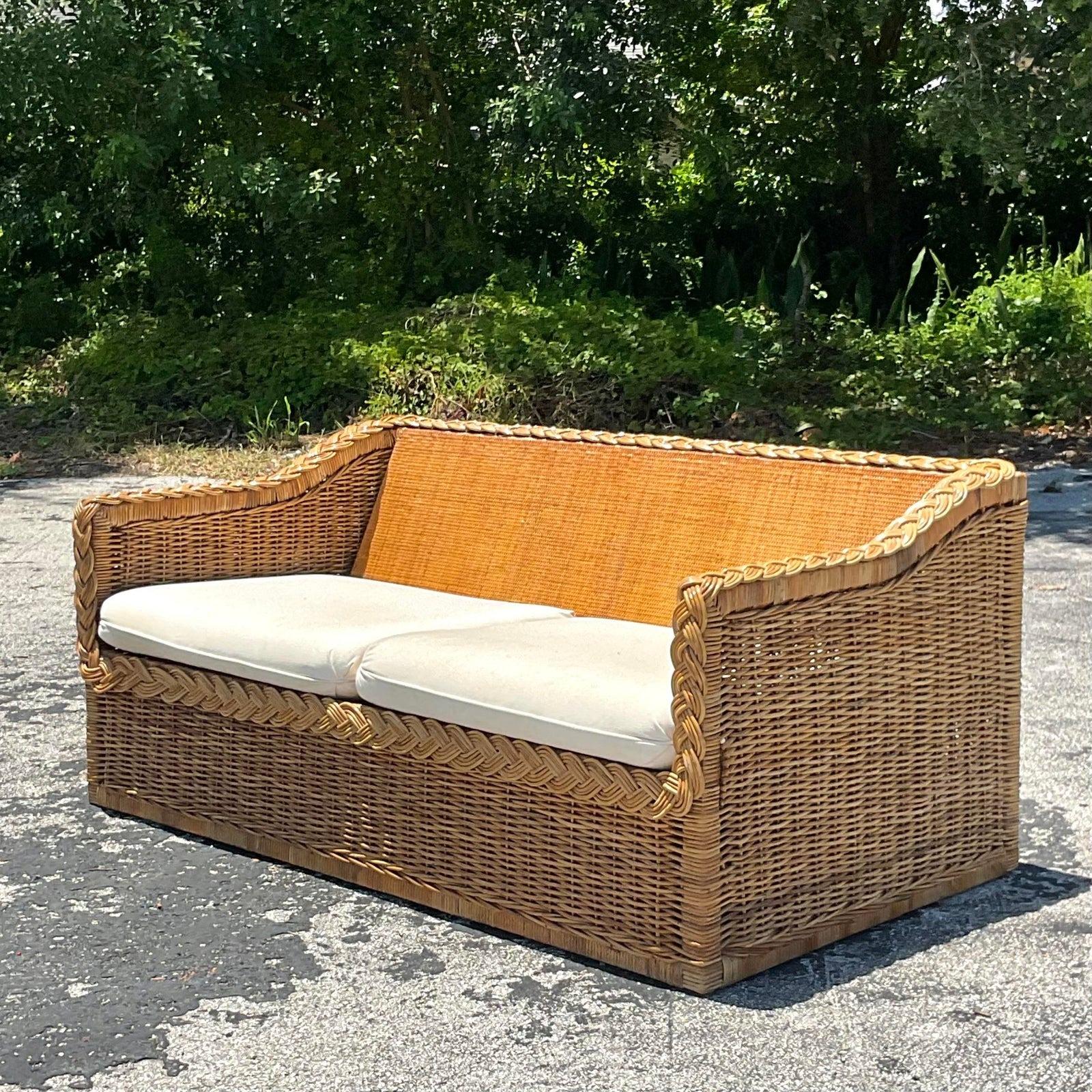 Vintage Coastal Braided Rattan Sofa In Good Condition In west palm beach, FL