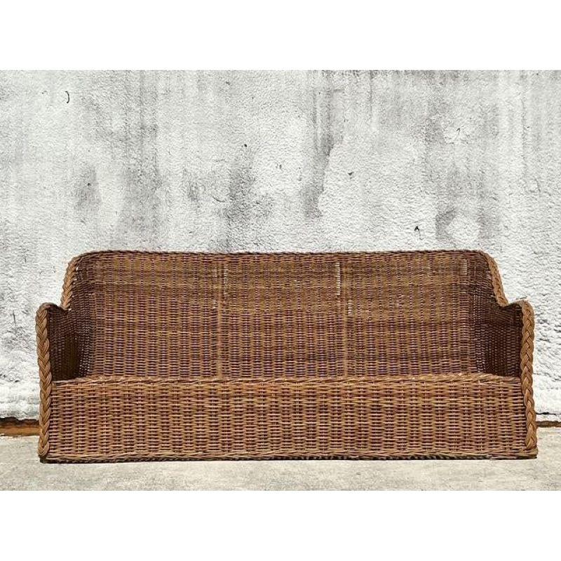 Philippine Vintage Coastal Braided Rattan Sofa For Sale