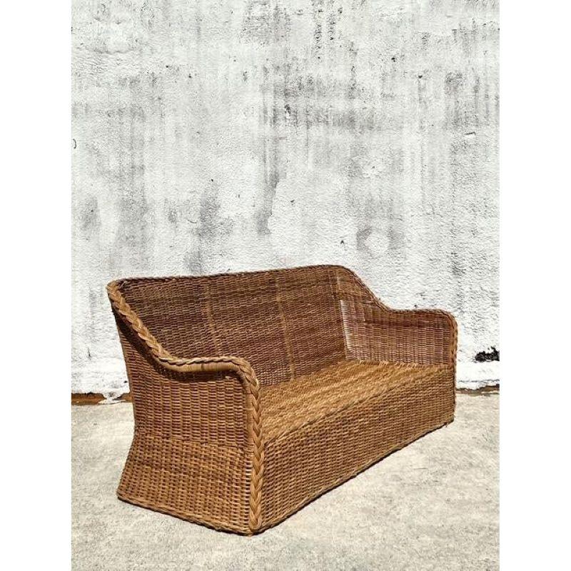 Vintage Coastal Braided Rattan Sofa In Good Condition For Sale In west palm beach, FL