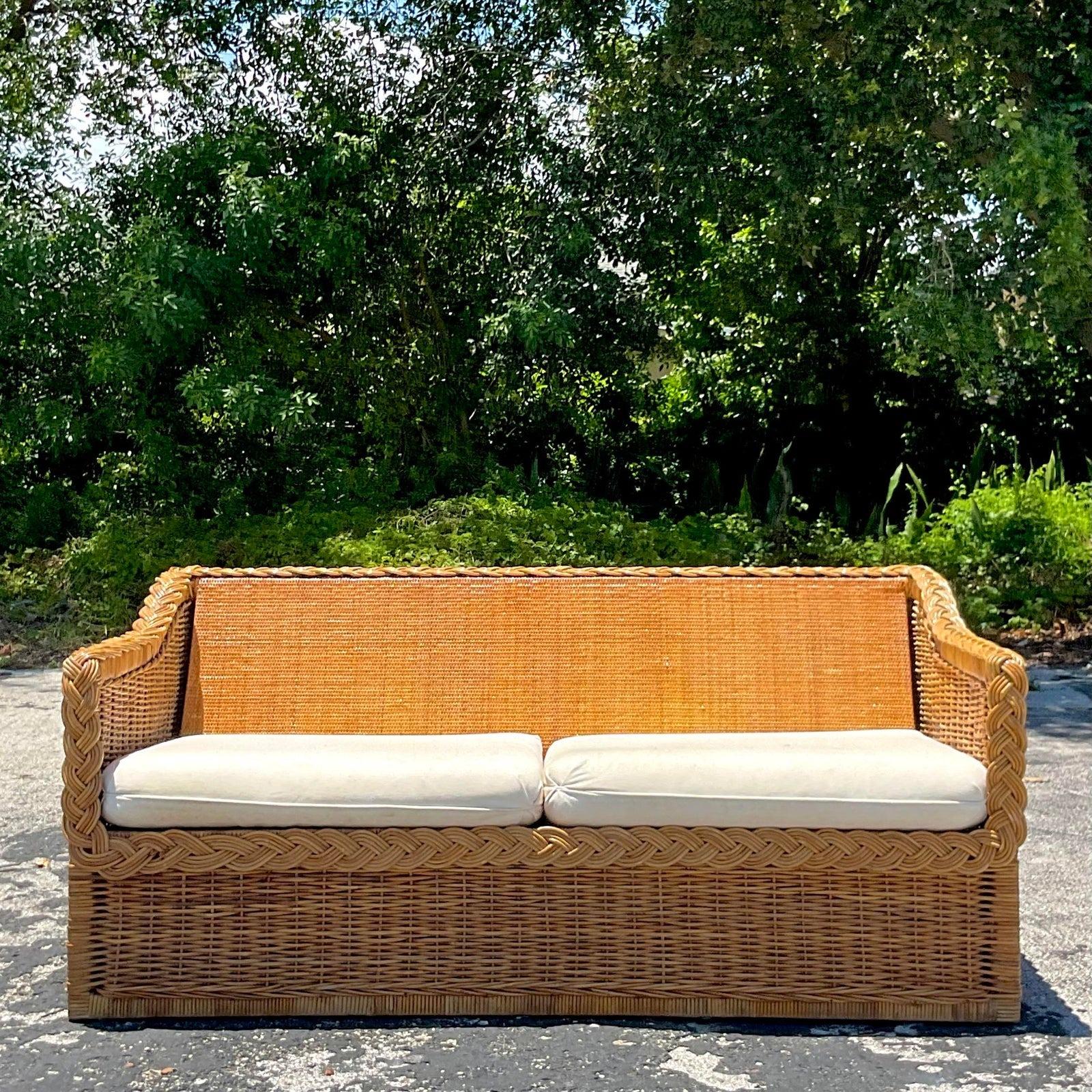 Fabric Vintage Coastal Braided Rattan Sofa