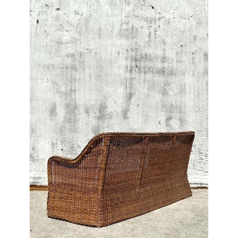 Wicker Vintage Coastal Braided Rattan Sofa For Sale