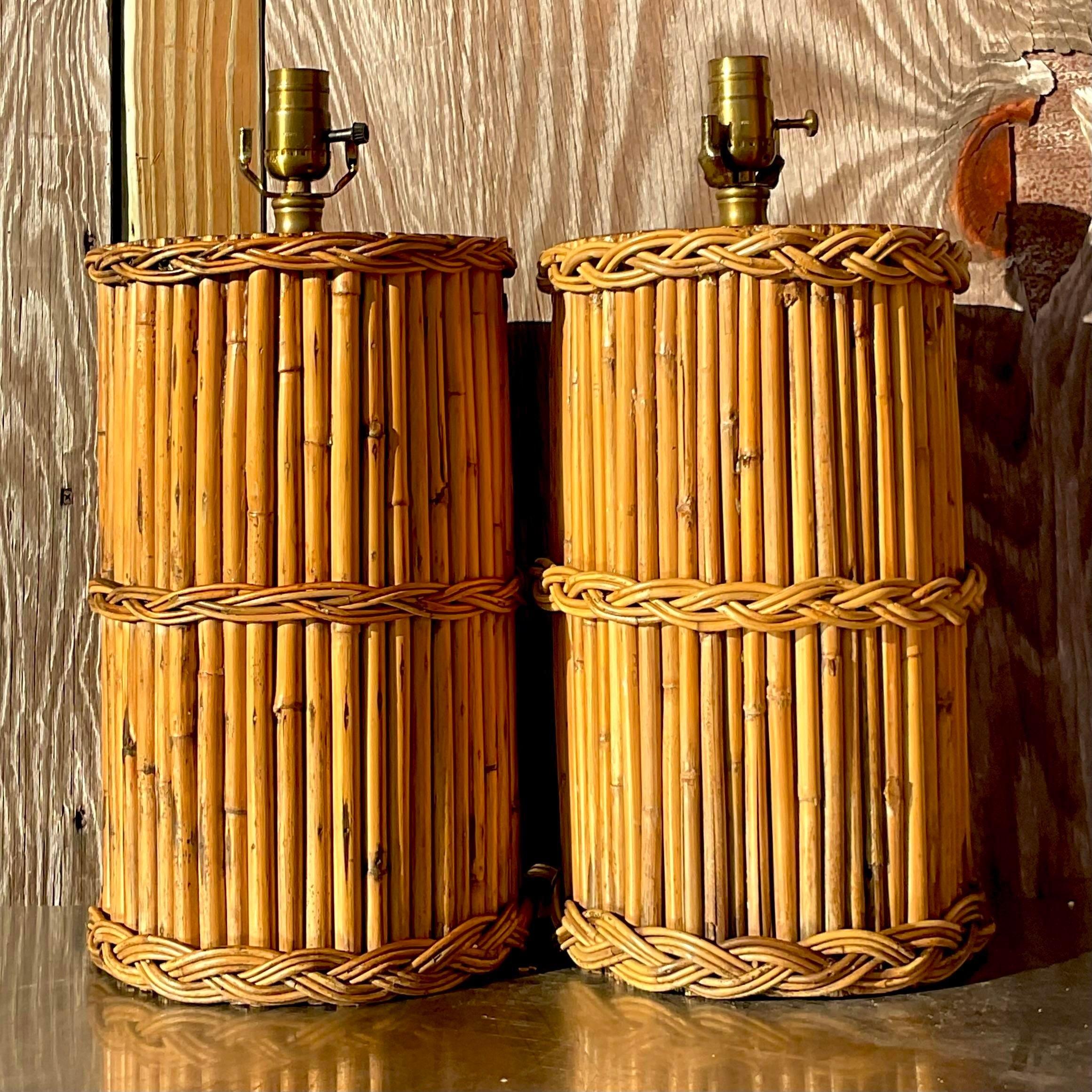 20th Century Vintage Coastal Braided Rattan Table Lamps - a Pair For Sale