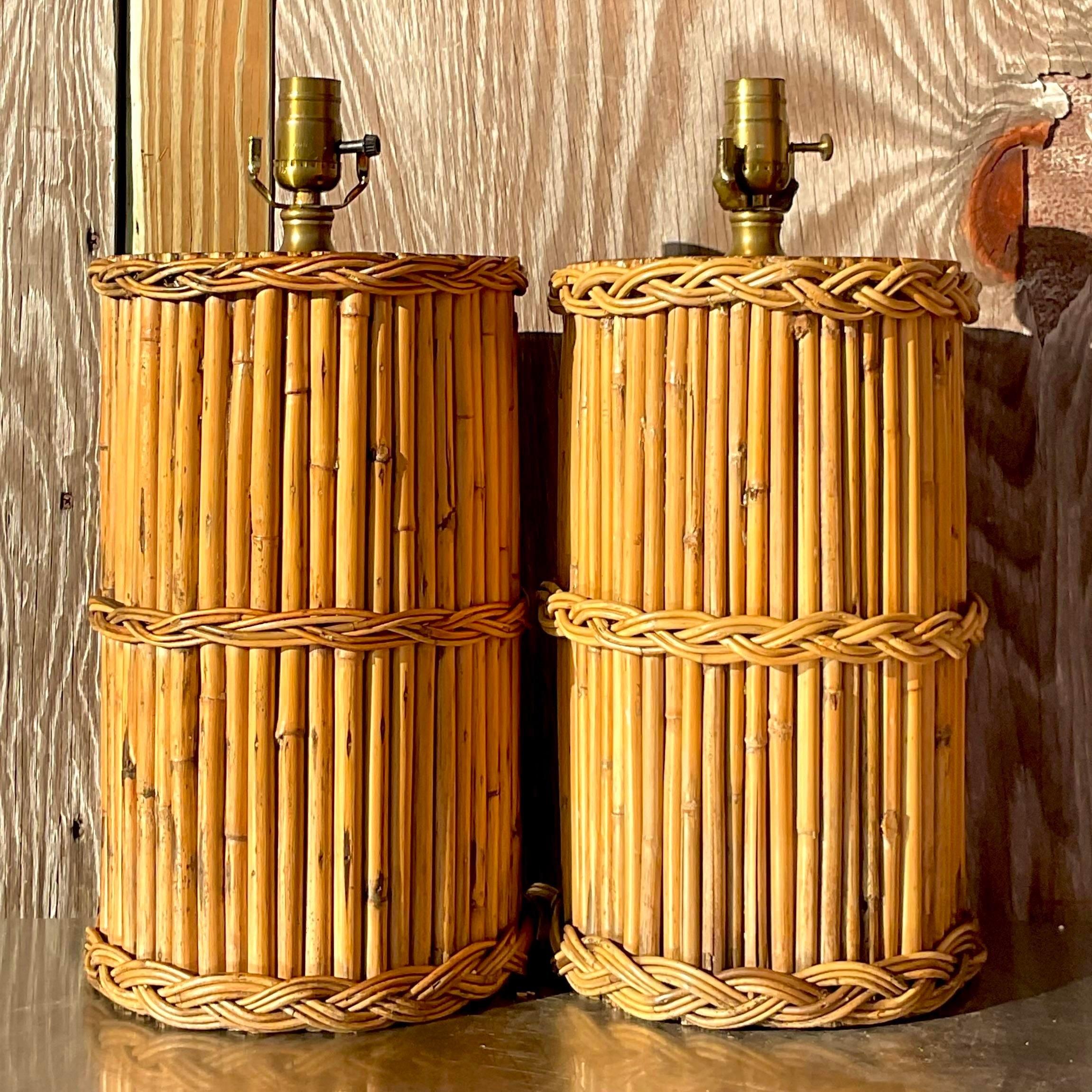 Vintage Coastal Braided Rattan Table Lamps - a Pair For Sale 1