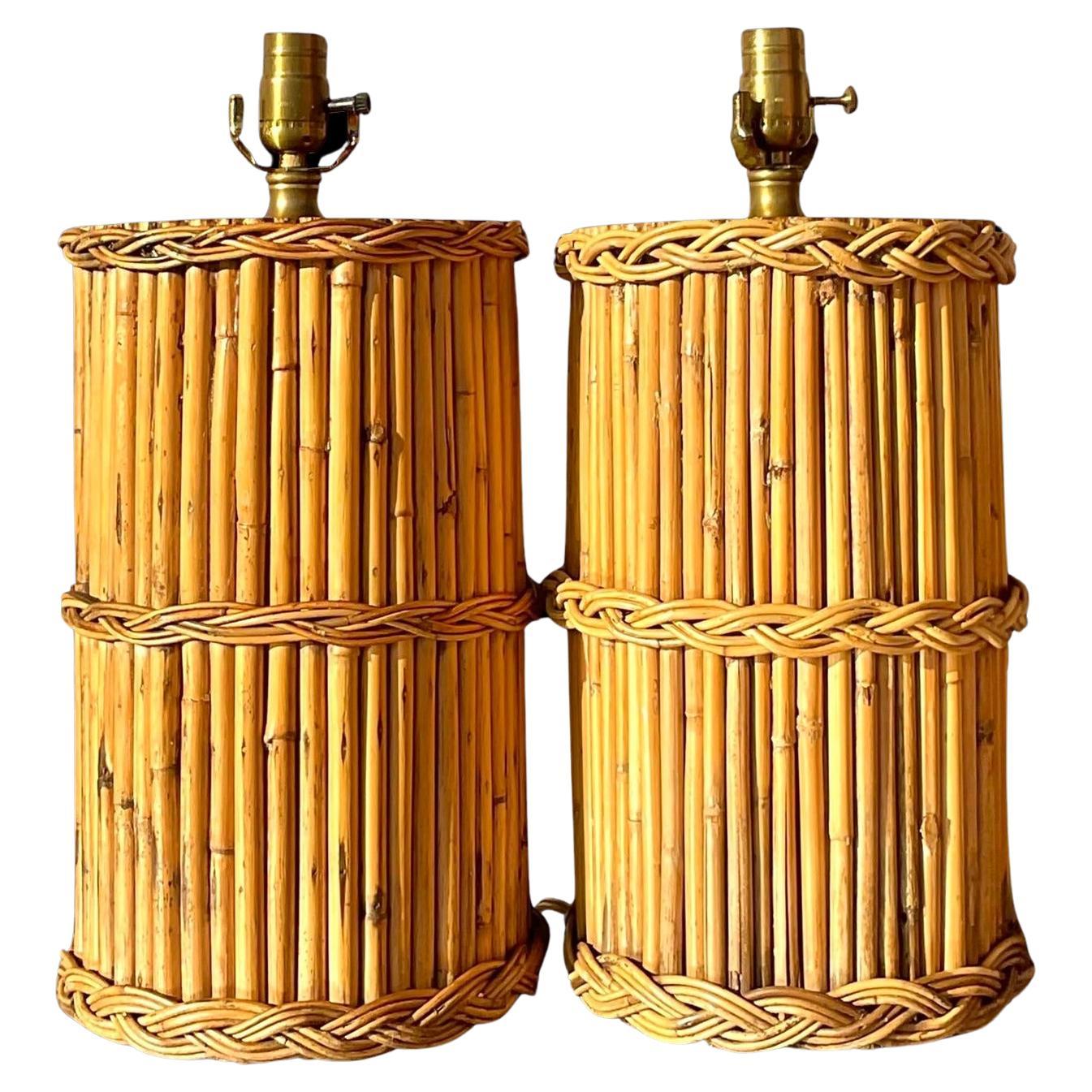 Vintage Coastal Braided Rattan Table Lamps - a Pair For Sale