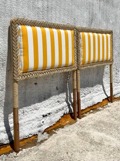 Vintage Coastal Braided Rattan Twin Beds - a Pair