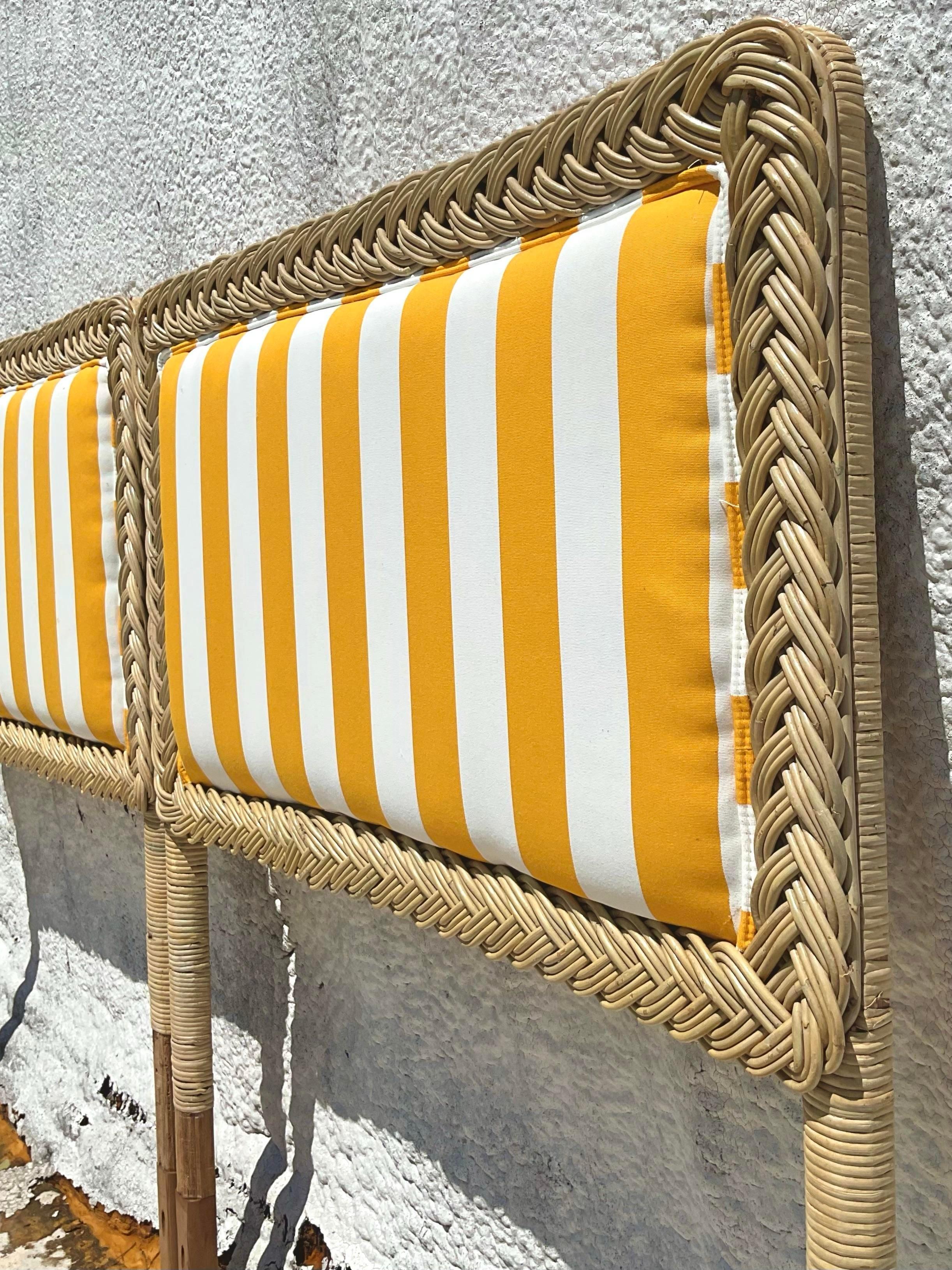 Philippine Vintage Coastal Braided Rattan Twin Beds - a Pair