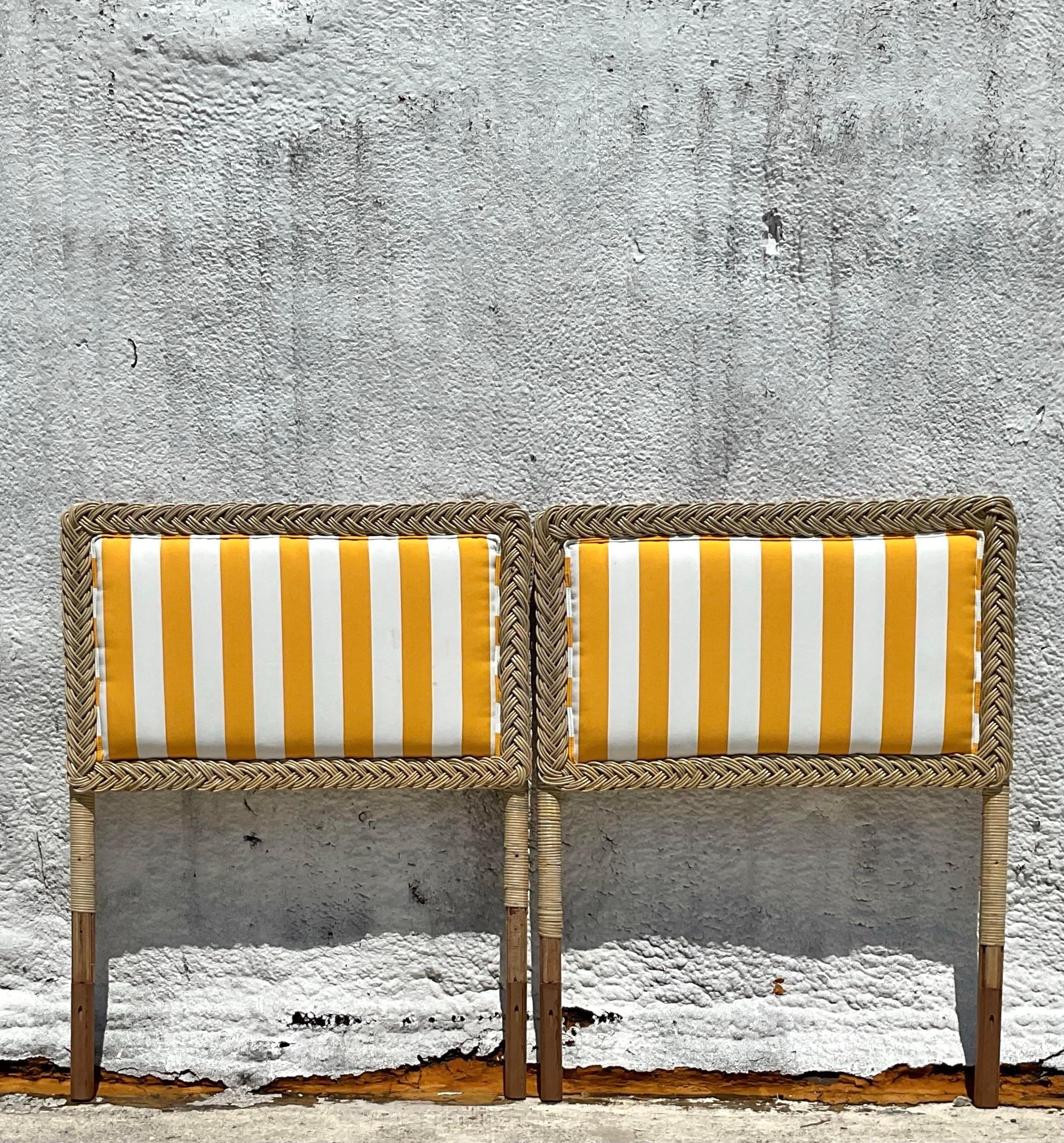 Vintage Coastal Braided Rattan Twin Beds - a Pair In Good Condition In West Palm Beach, FL