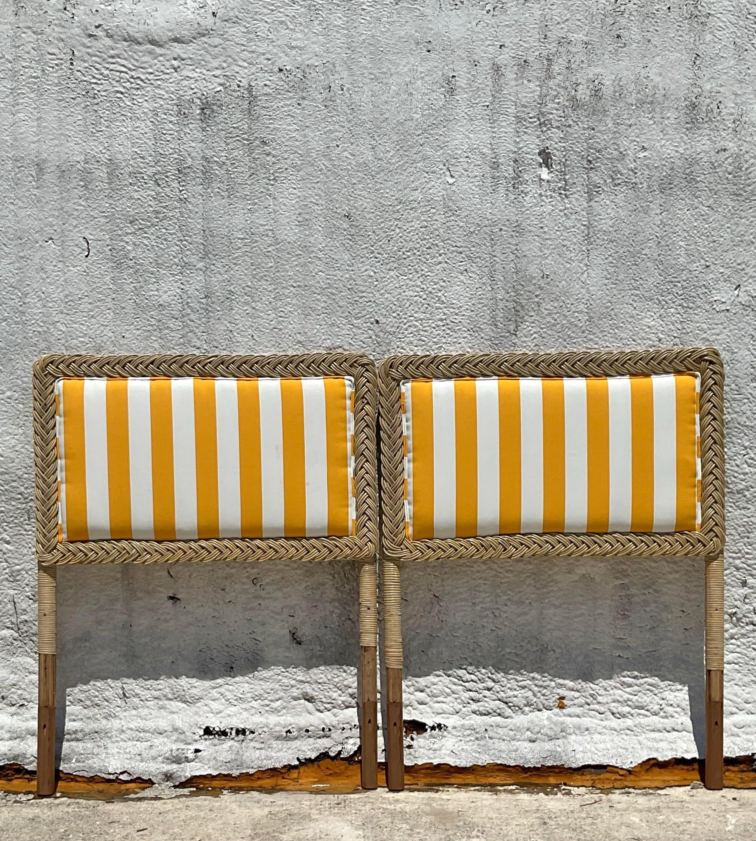 Upholstery Vintage Coastal Braided Rattan Twin Beds - a Pair
