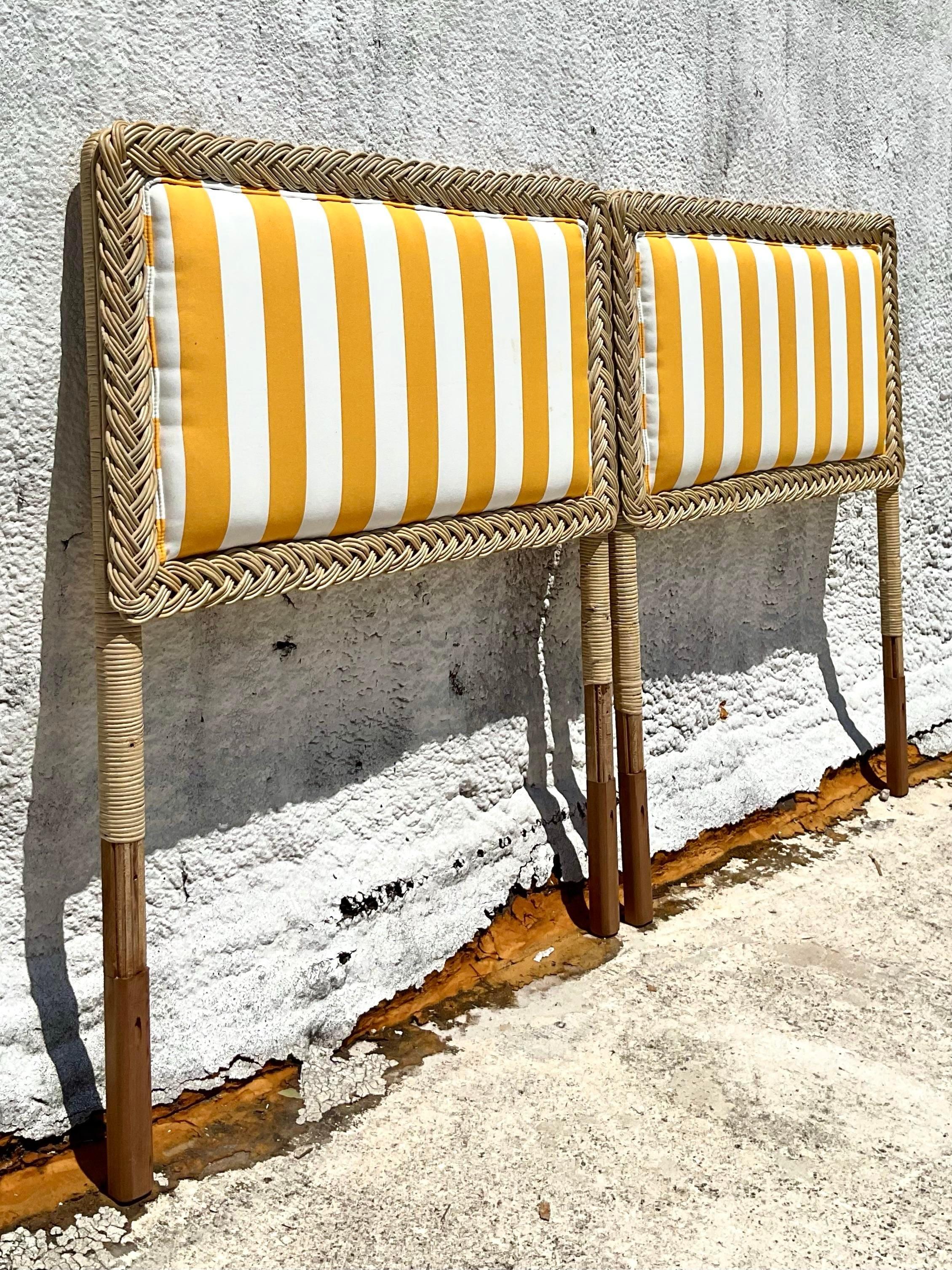 Vintage Coastal Braided Rattan Twin Beds - a Pair 2