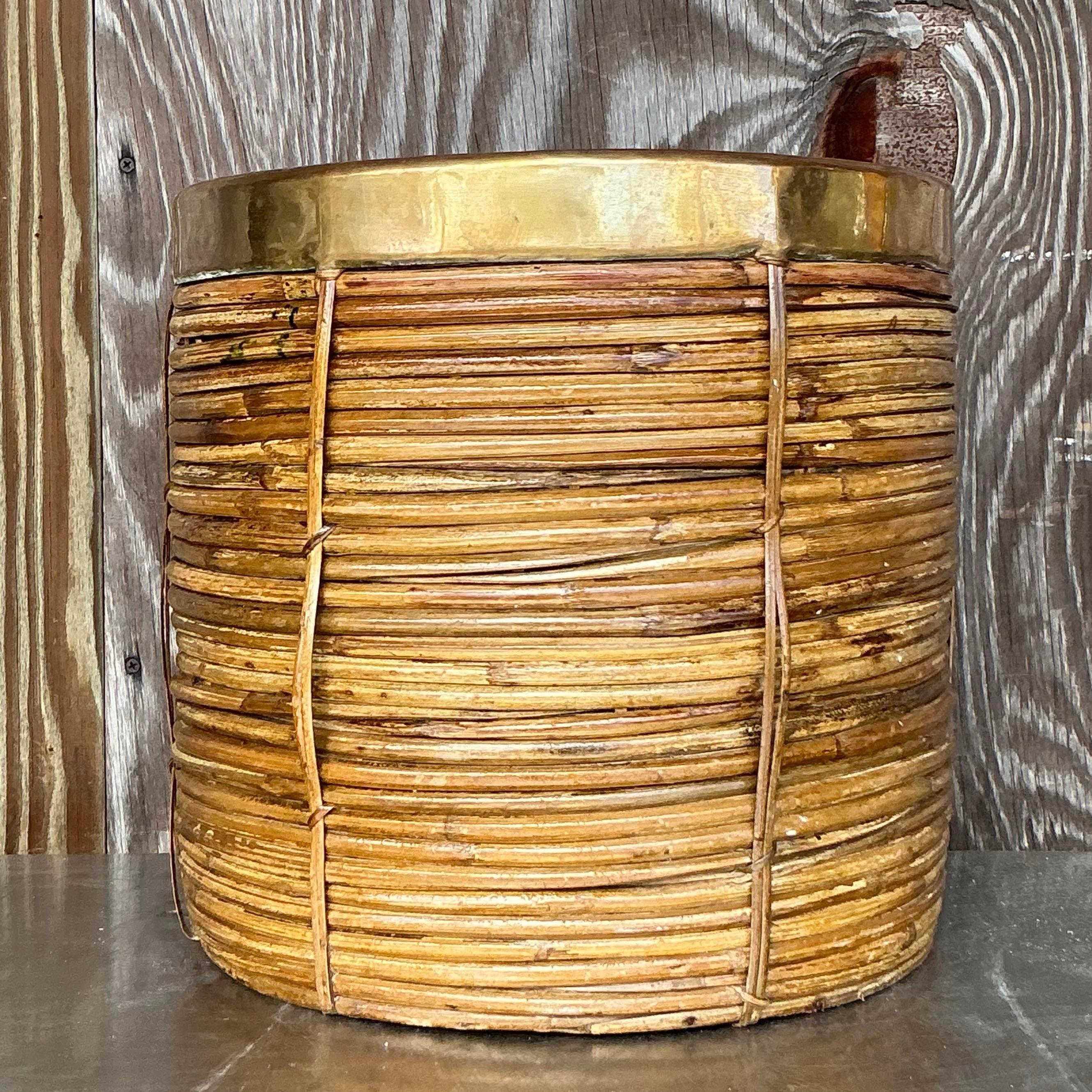 Aggiungi un tocco di naturale eleganza al tuo arredamento con questa fioriera costiera vintage in ottone e canna. Questo splendido pezzo è caratterizzato da un corpo in giunco splendidamente intrecciato, accentuato da dettagli in ottone scintillante