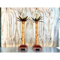 Vintage Coastal Brass and Wood Palm Tree Table Lamps - a Pair